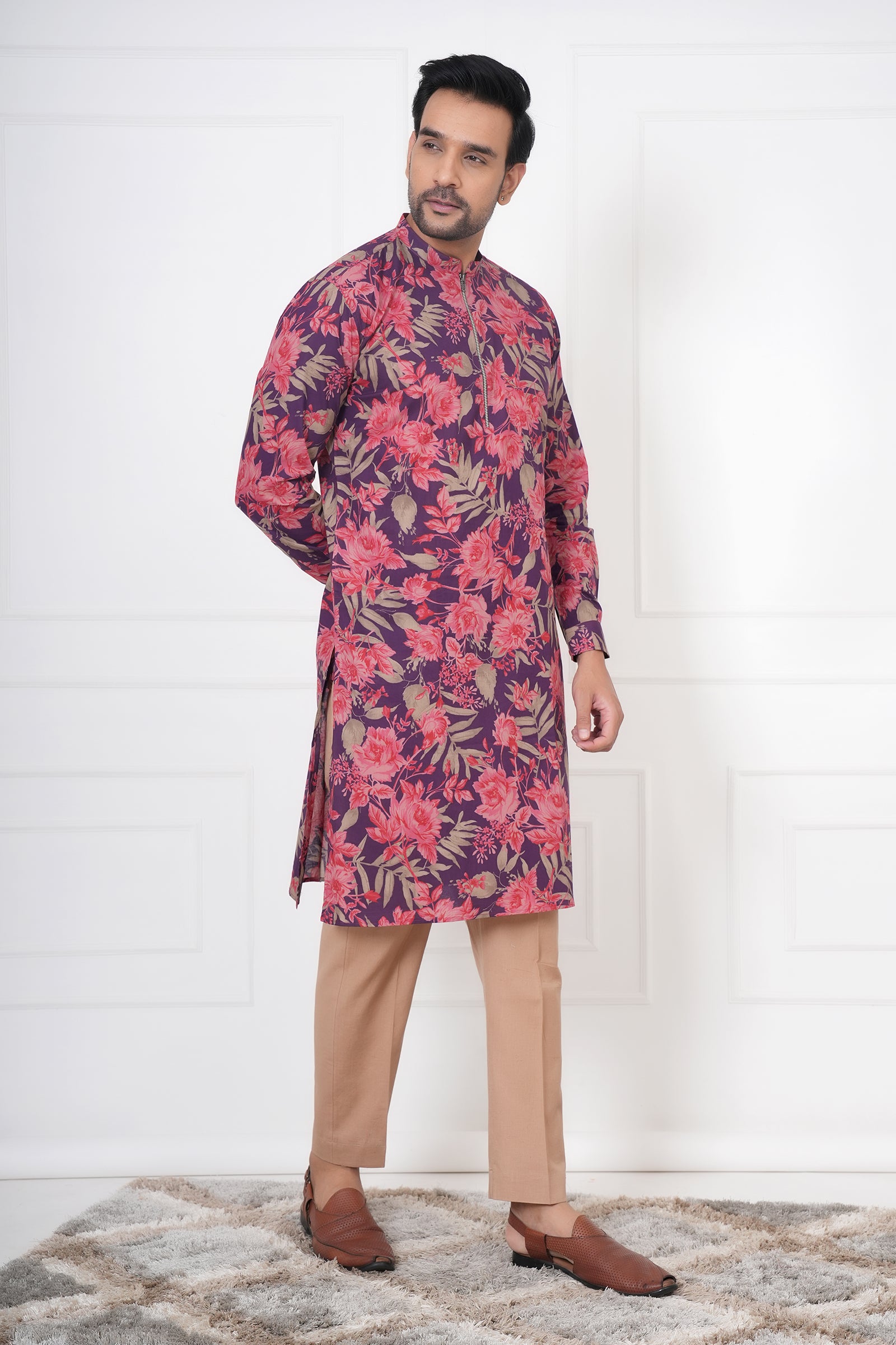 Men's Traditional Printed Red Kurta