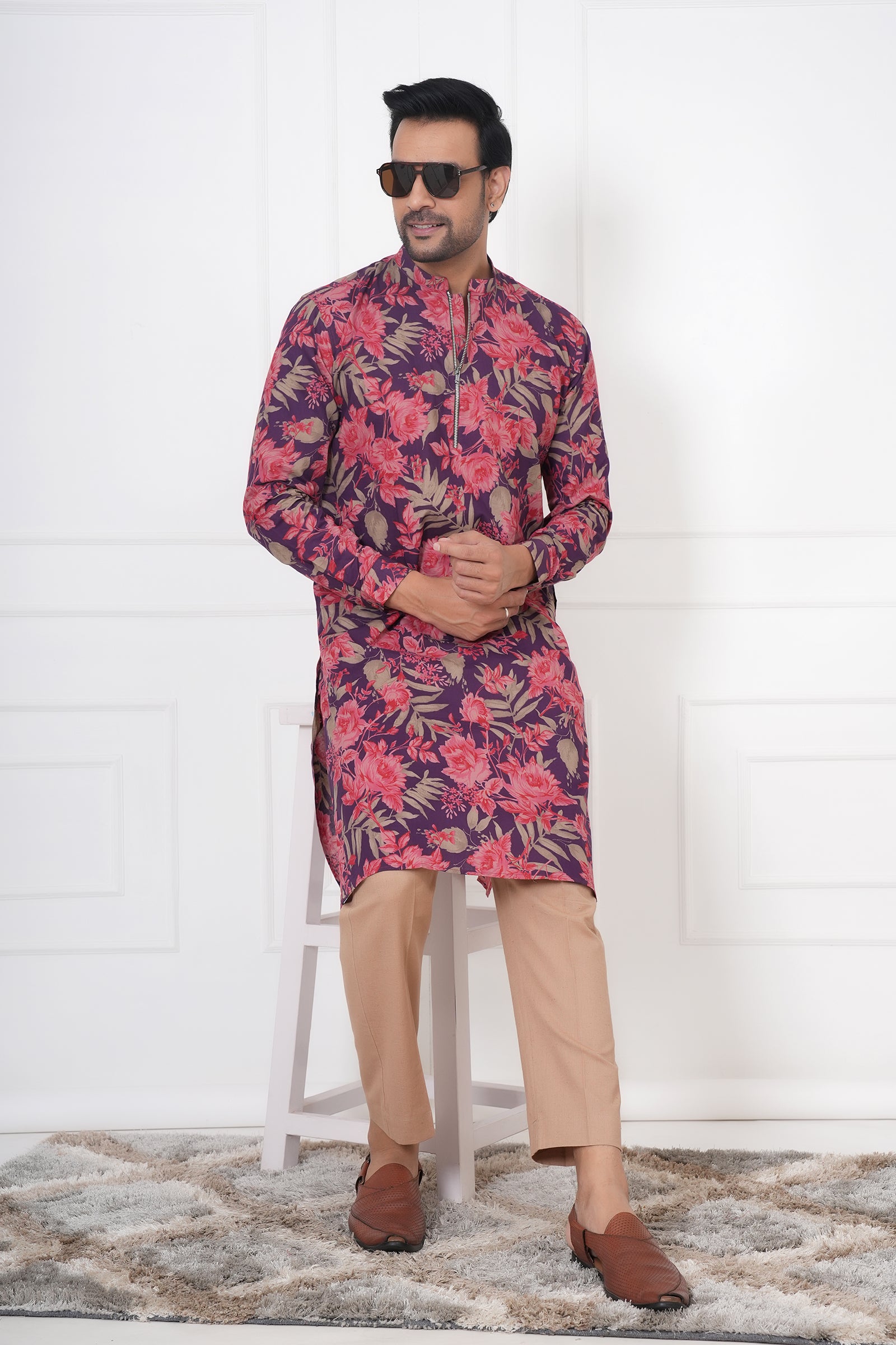Men's Traditional Printed Red Kurta