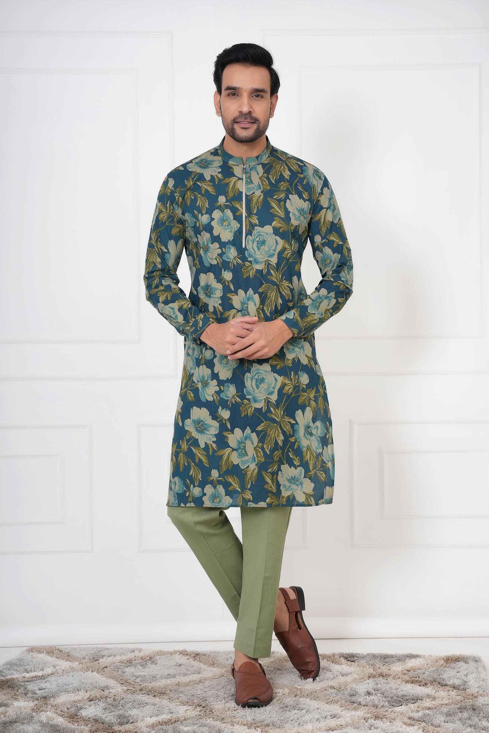 Blue Floral Mandarin Collar Men's Kurti