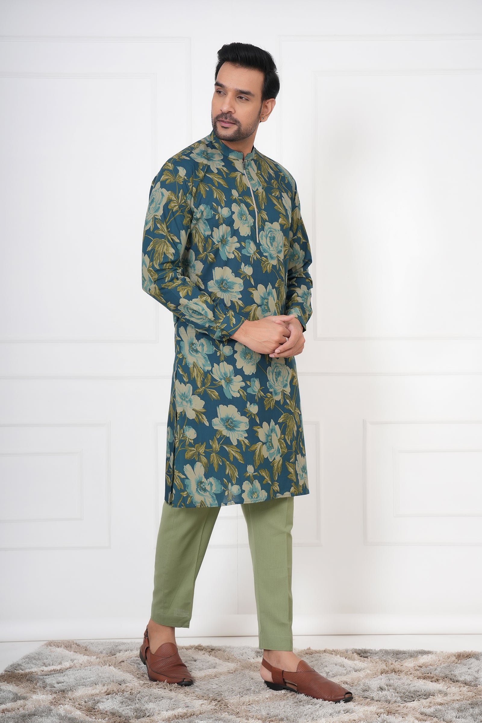 Blue Floral Mandarin Collar Men's Kurti