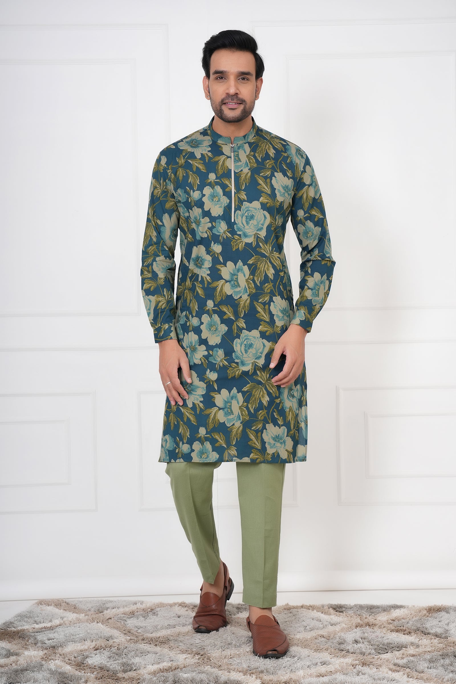 Blue Floral Mandarin Collar Men's Kurti