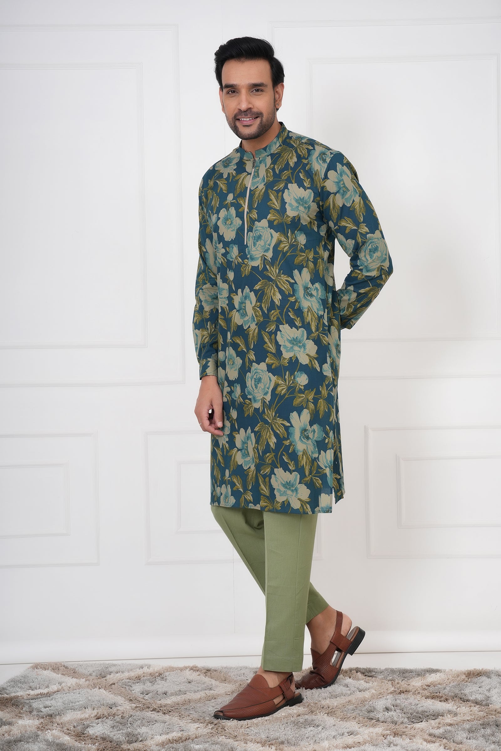 Blue Floral Mandarin Collar Men's Kurti