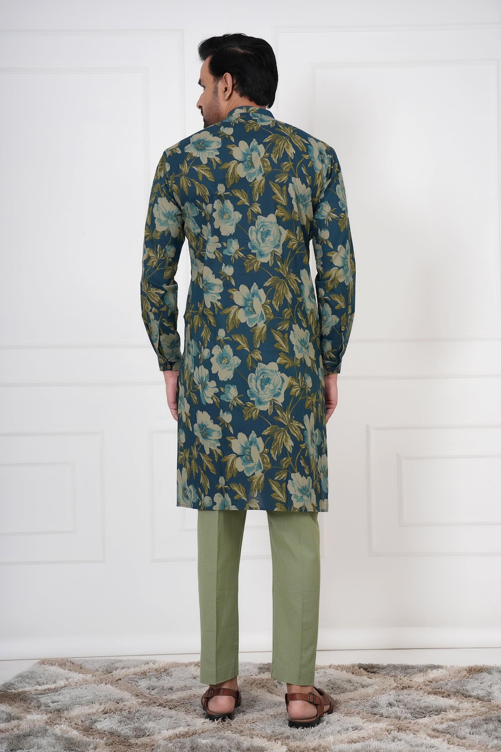 Blue Floral Mandarin Collar Men's Kurti