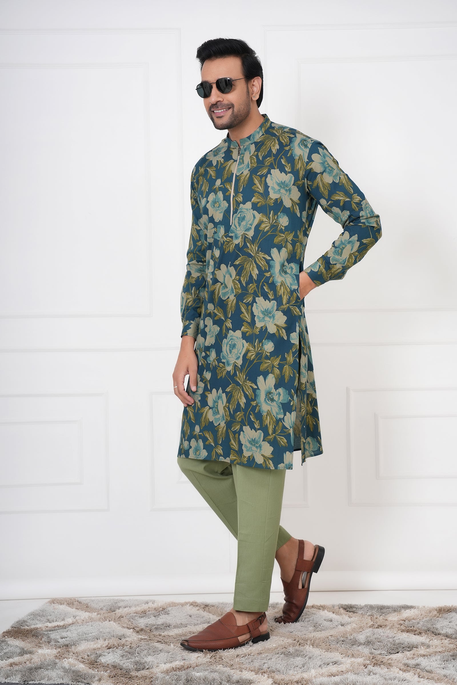 Blue Floral Mandarin Collar Men's Kurti