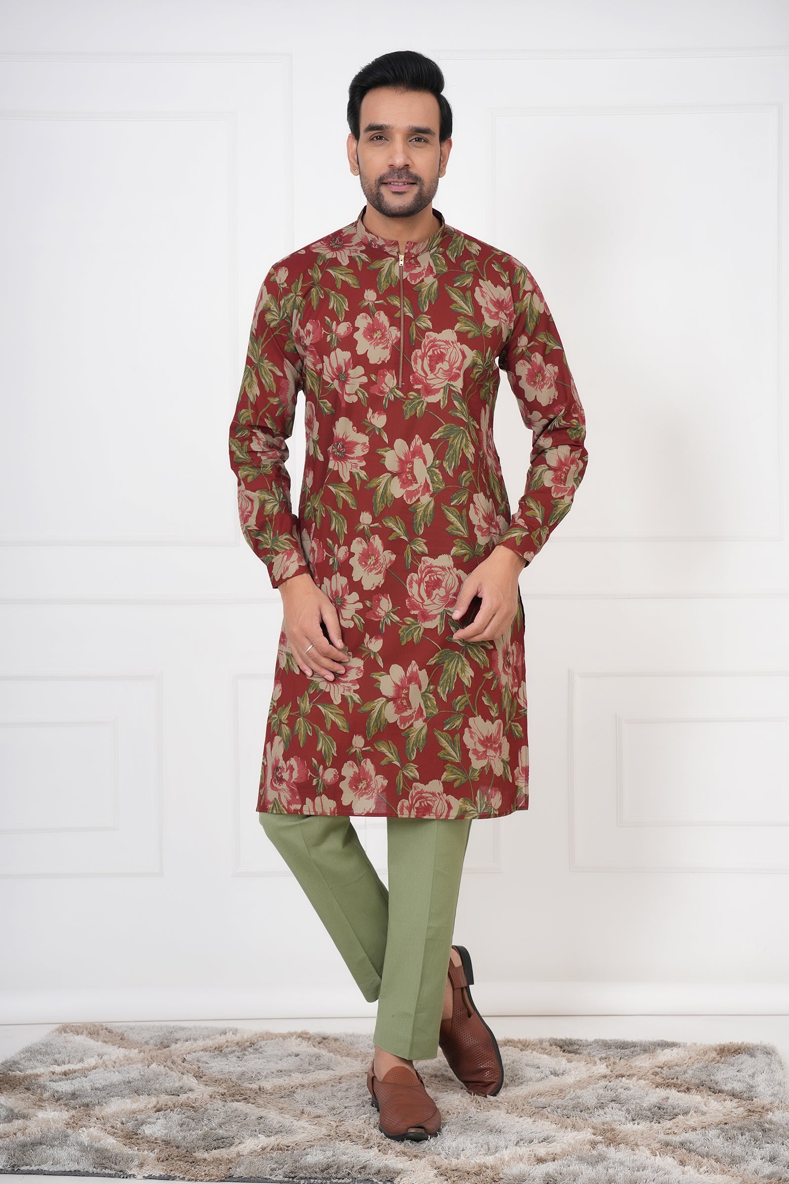 Traditional Ethnic Men Red Floral Kurta