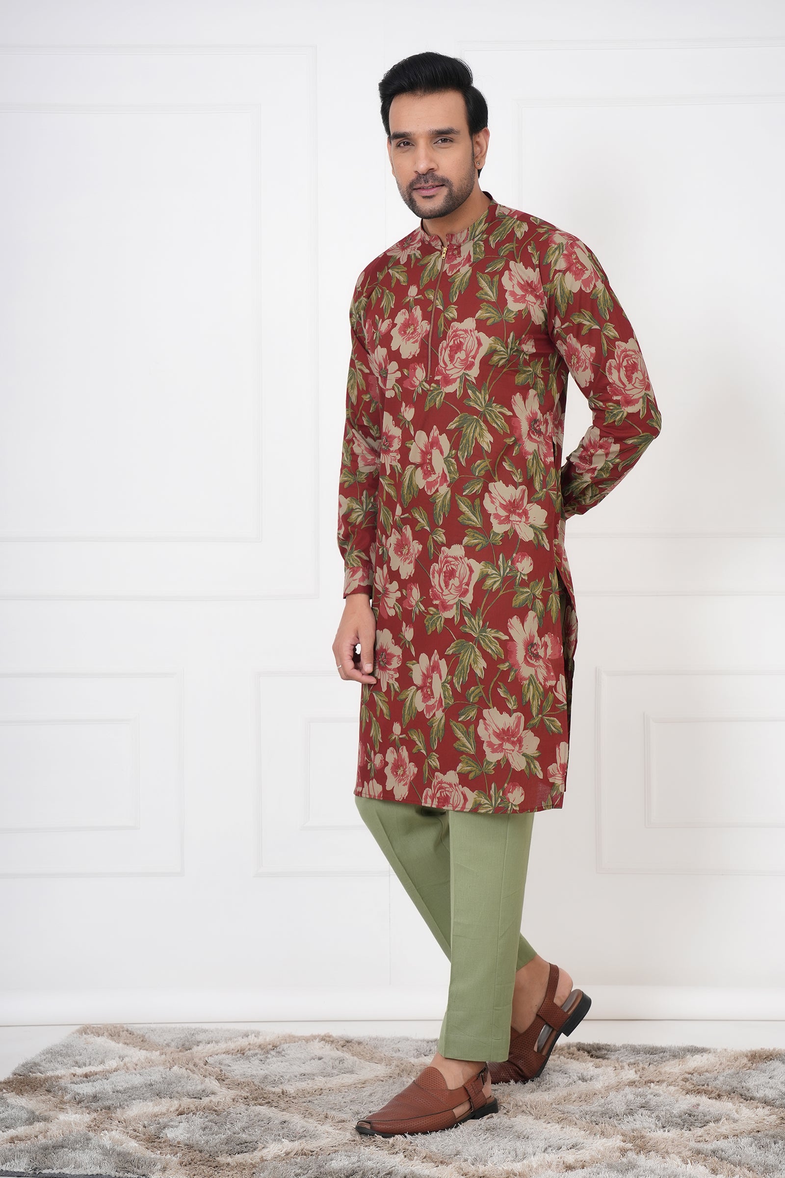 Traditional Ethnic Men Red Floral Kurta