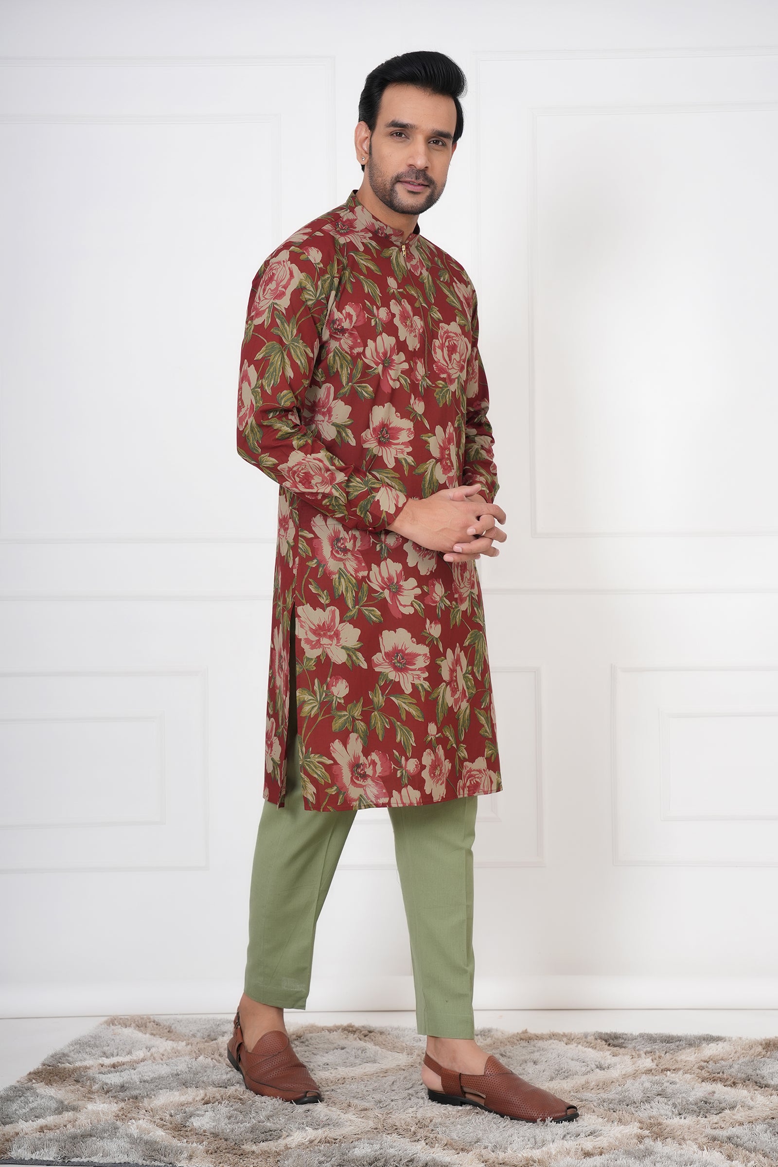 Traditional Ethnic Men Red Floral Kurta