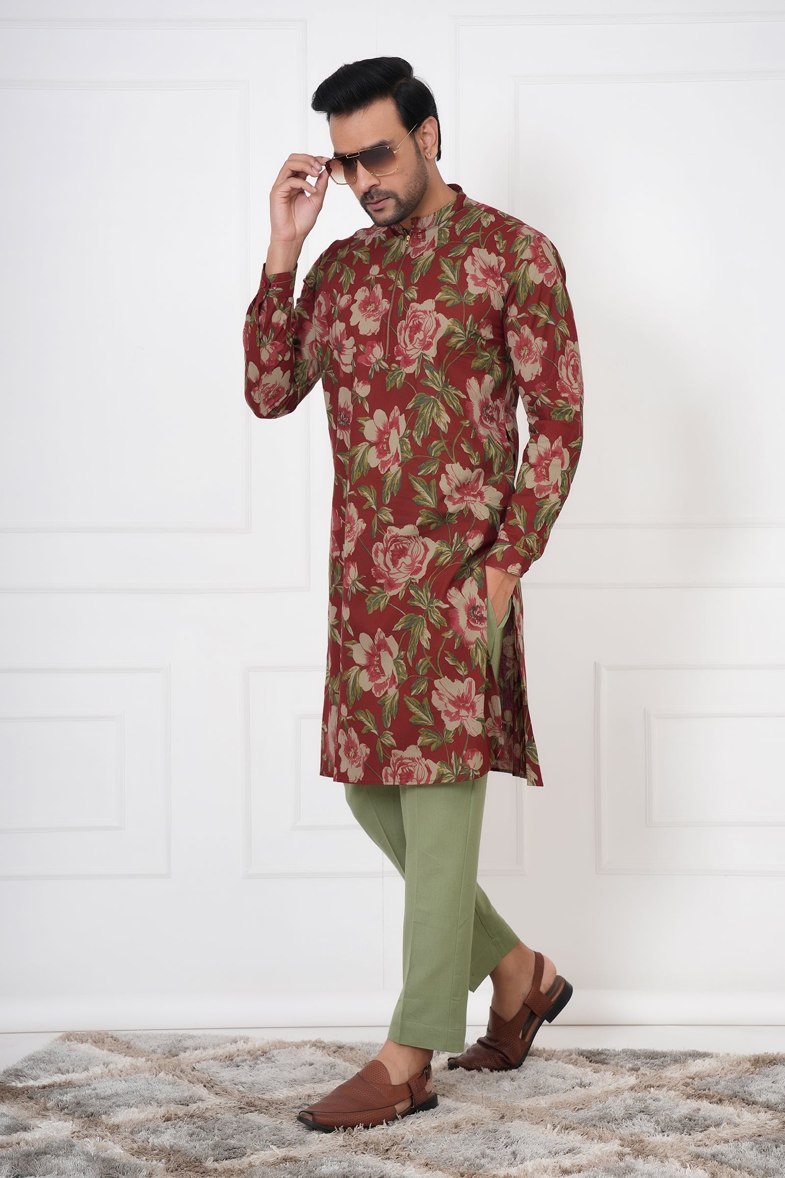 Traditional Ethnic Men Red Floral Kurta