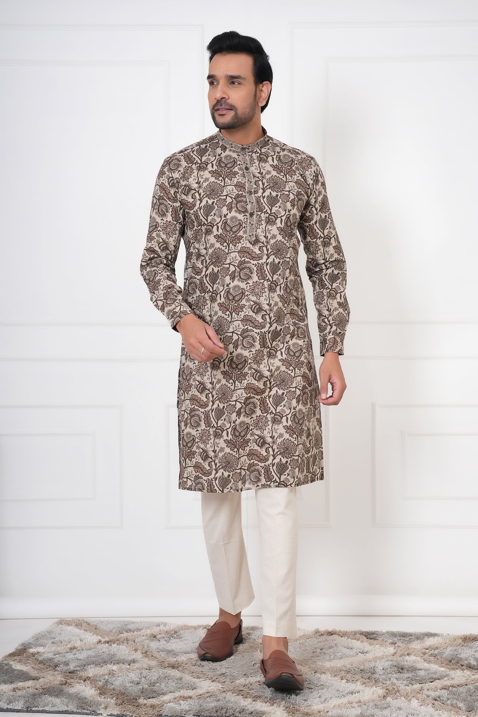 Fawn Georgette Embroidered Men's Kurta