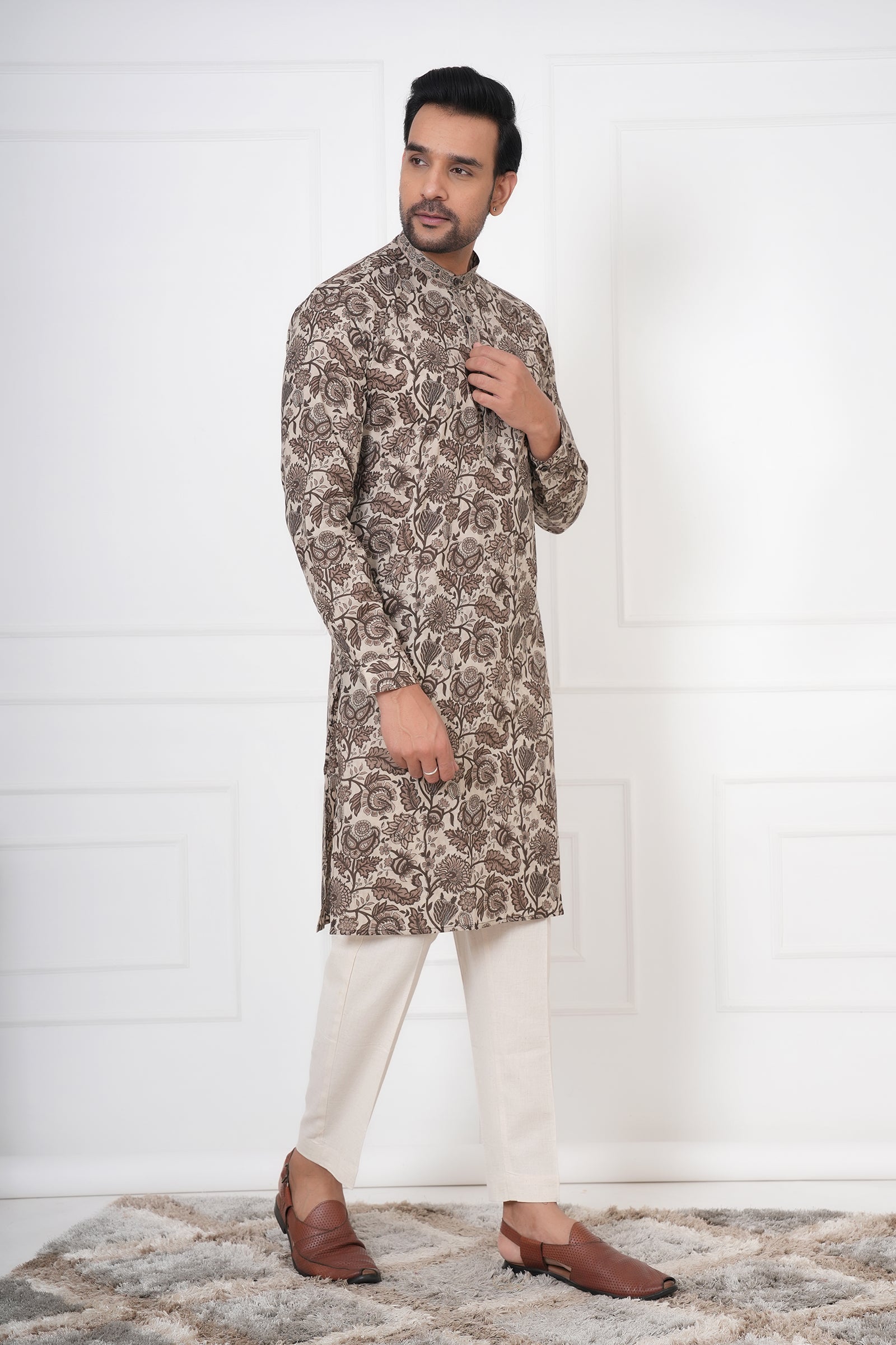 Fawn Georgette Embroidered Men's Kurta