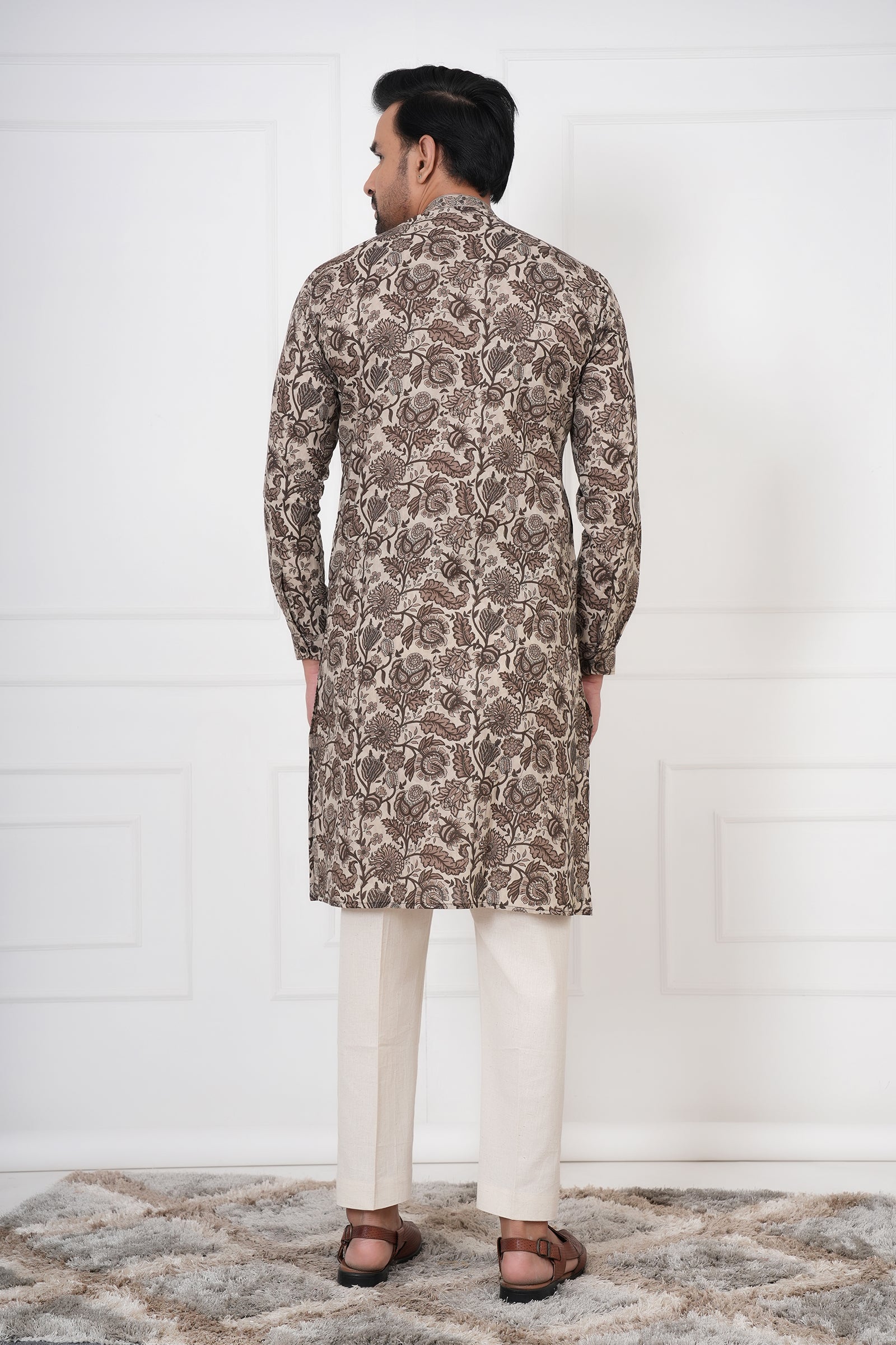 Fawn Georgette Embroidered Men's Kurta