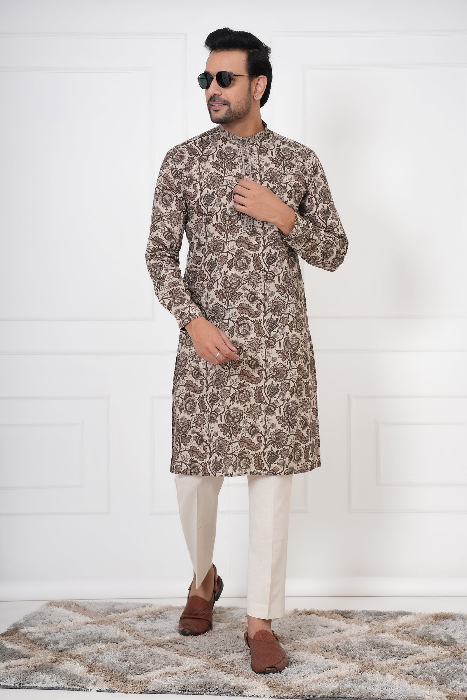 Fawn Georgette Embroidered Men's Kurta