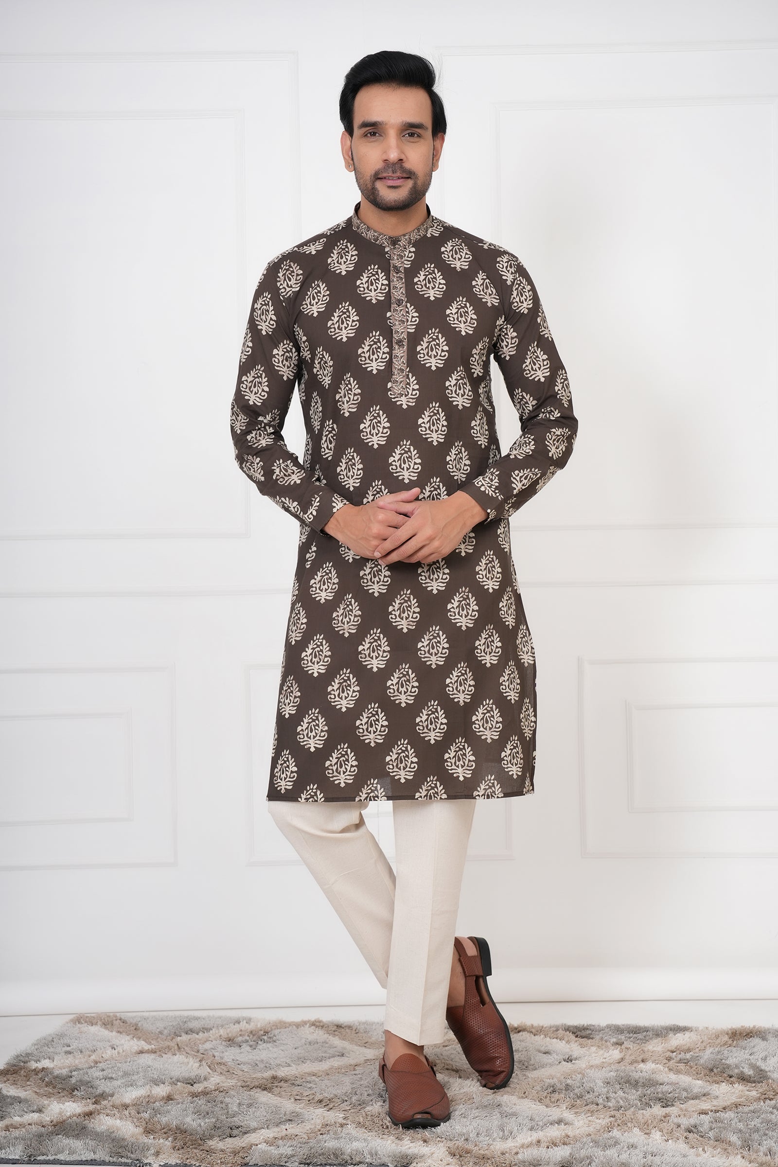 Brown Traditional Hand Block Print Straight Kurta