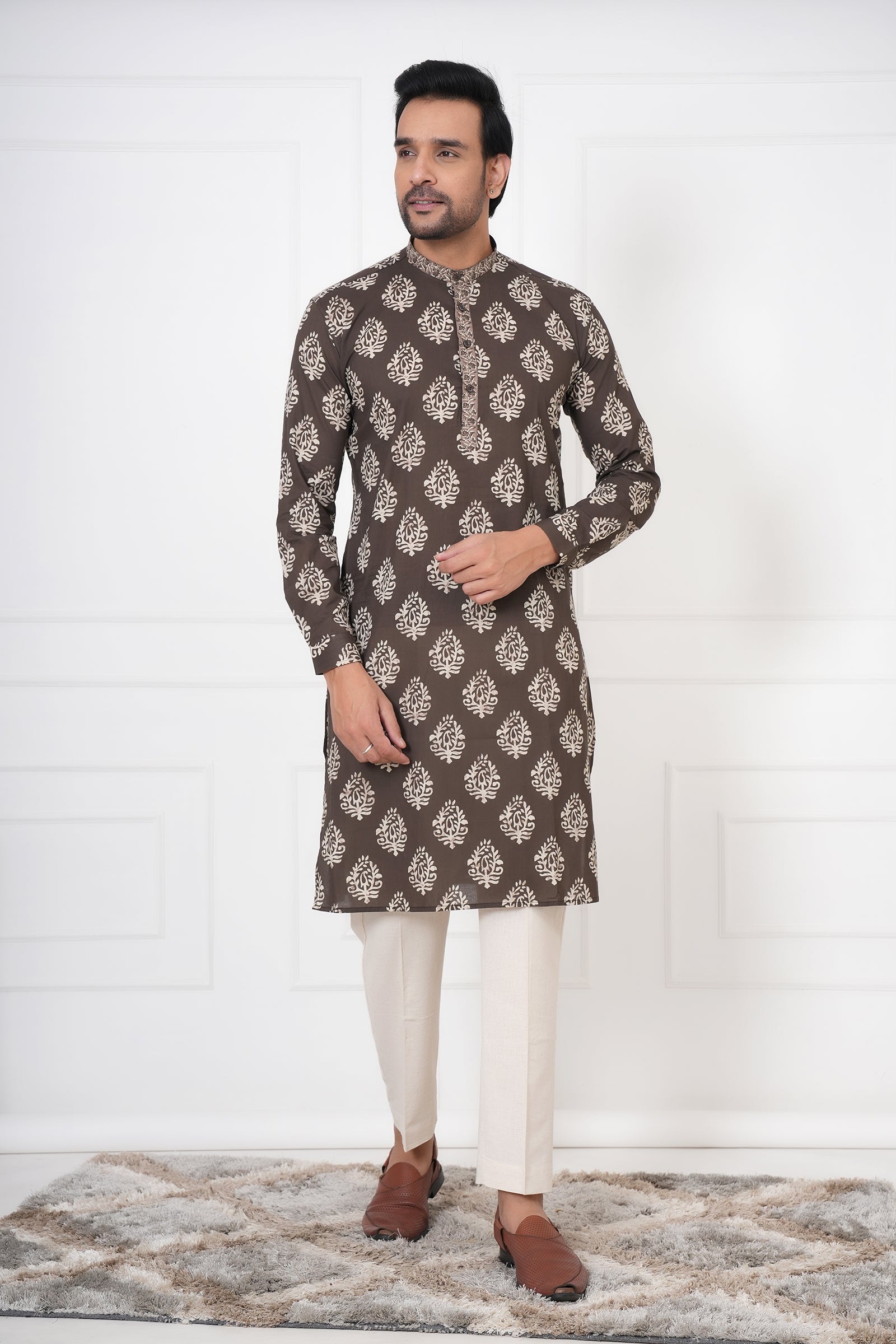 Brown Traditional Hand Block Print Straight Kurta