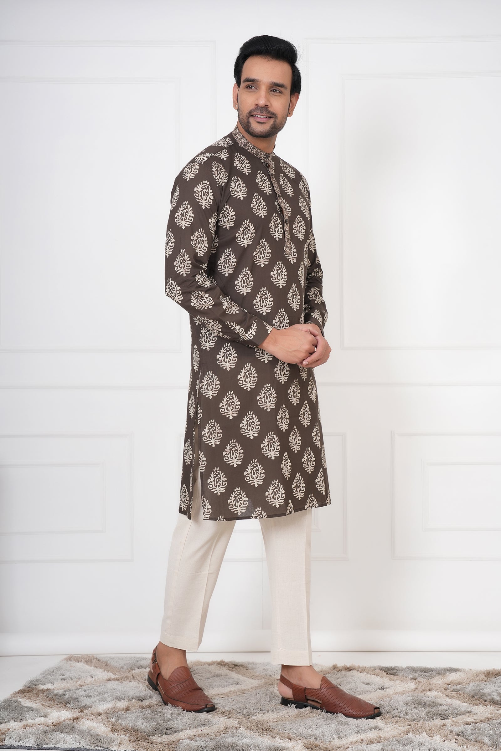Brown Traditional Hand Block Print Straight Kurta
