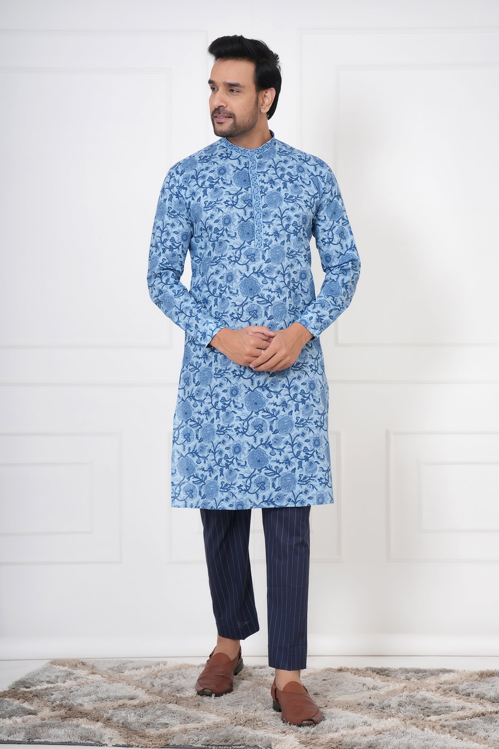 Blue Planted Floral Men's Kurta