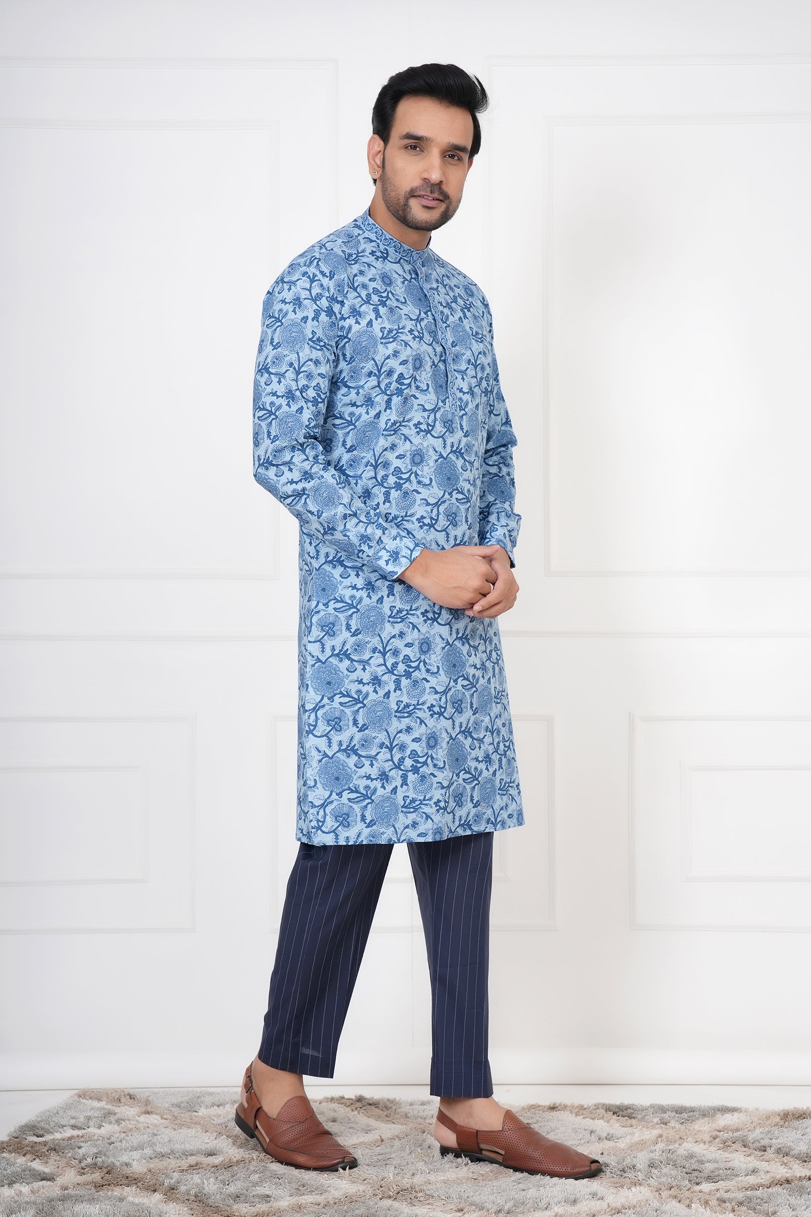 Blue Planted Floral Men's Kurta