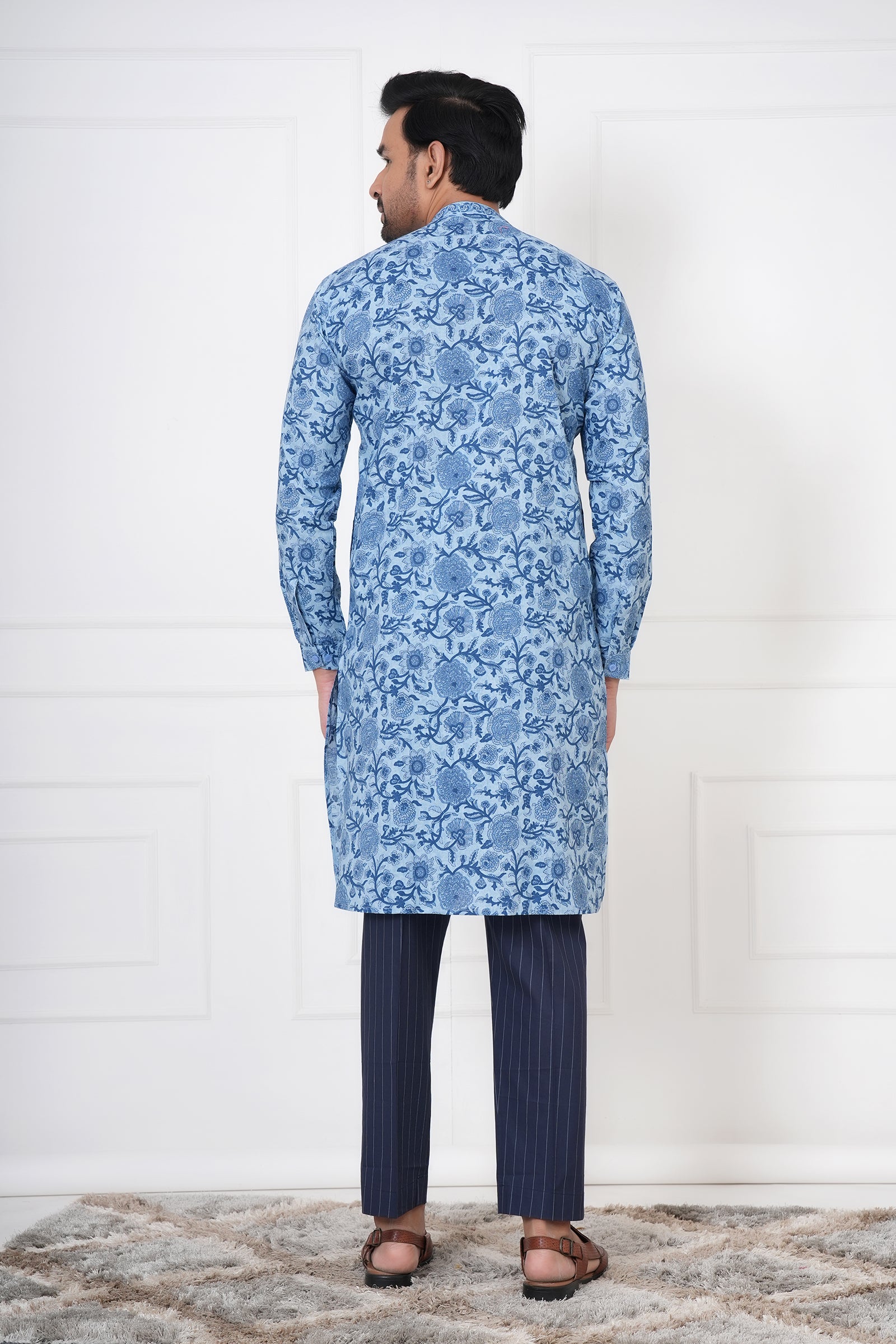 Blue Planted Floral Men's Kurta