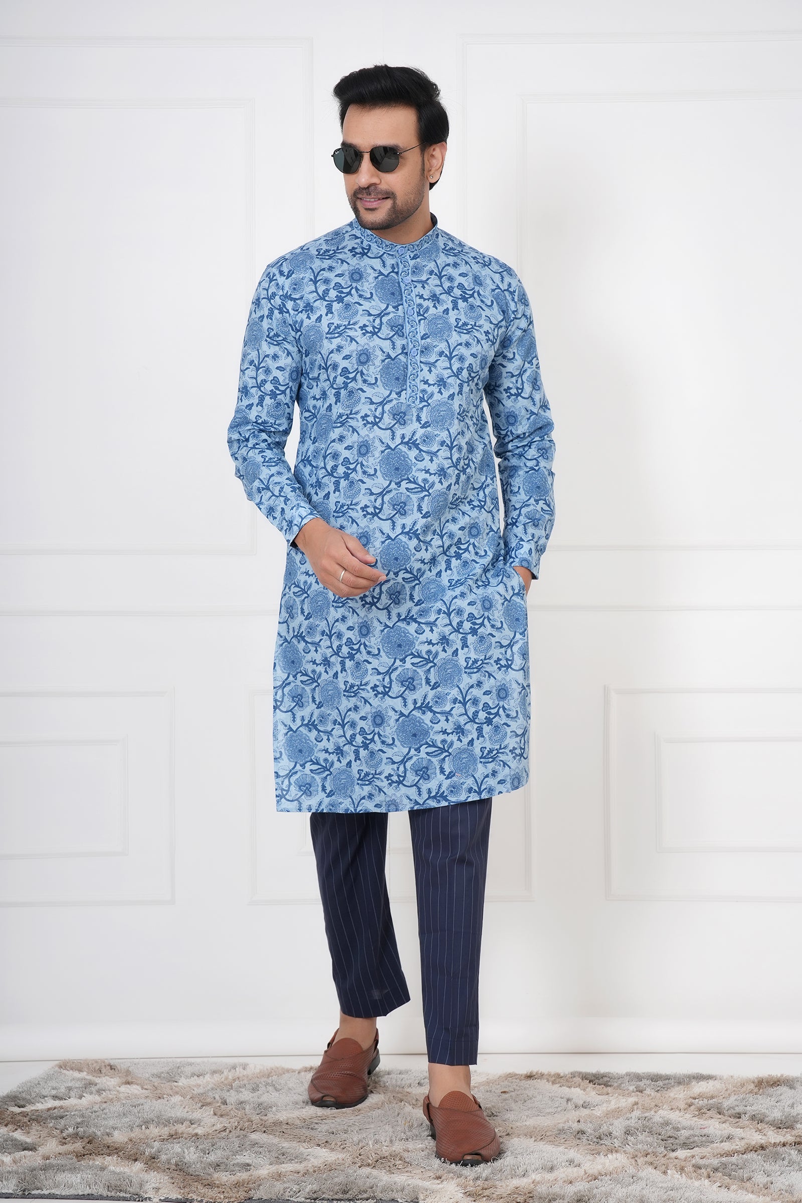 Blue Planted Floral Men's Kurta