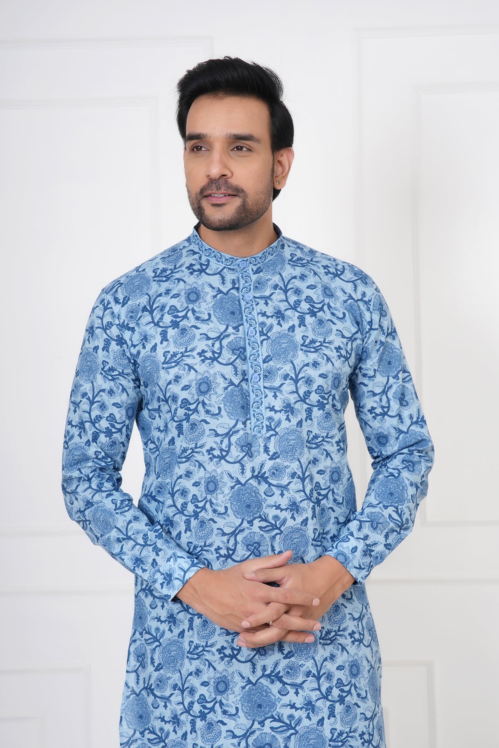 Blue Planted Floral Men's Kurta