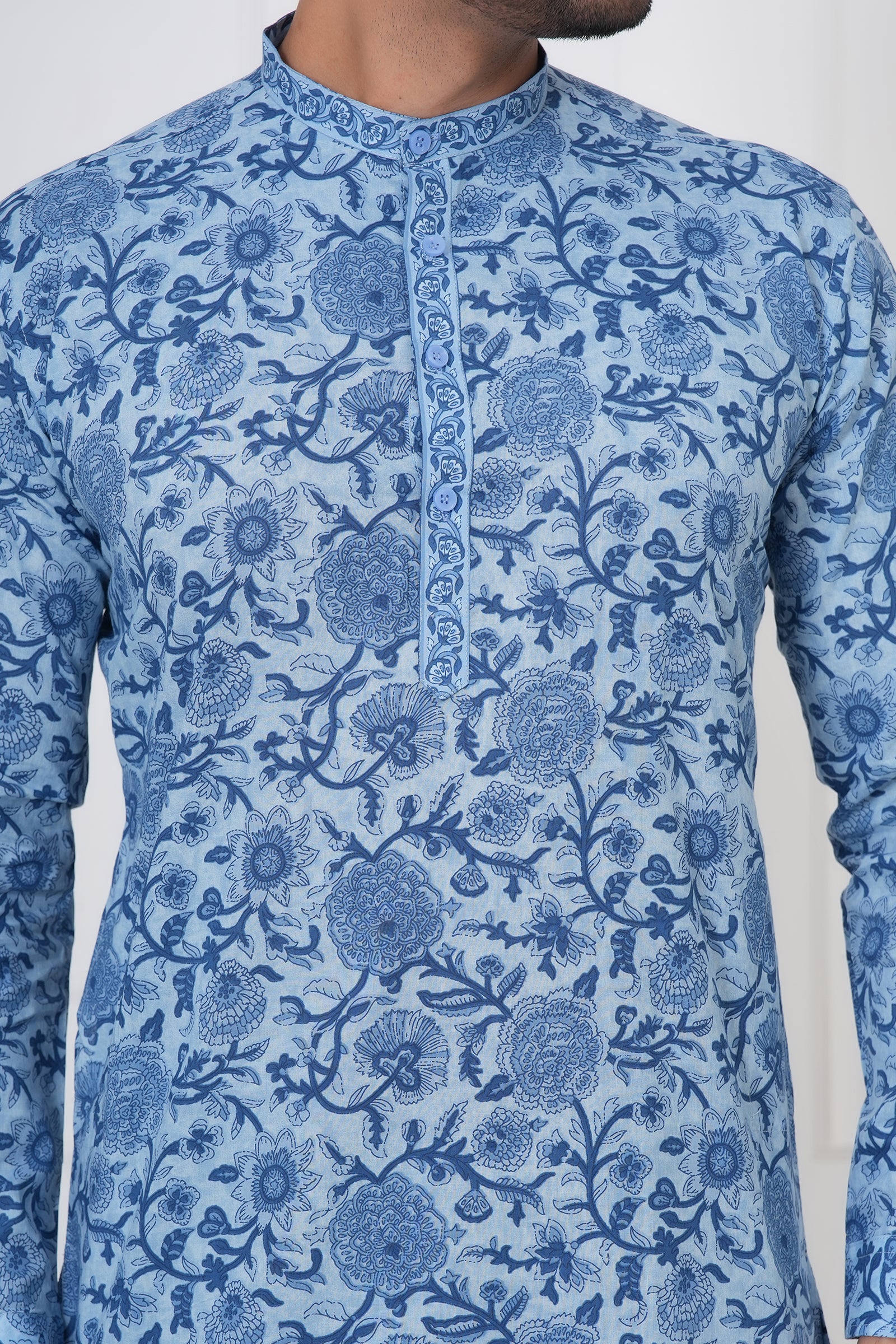 Blue Planted Floral Men's Kurta