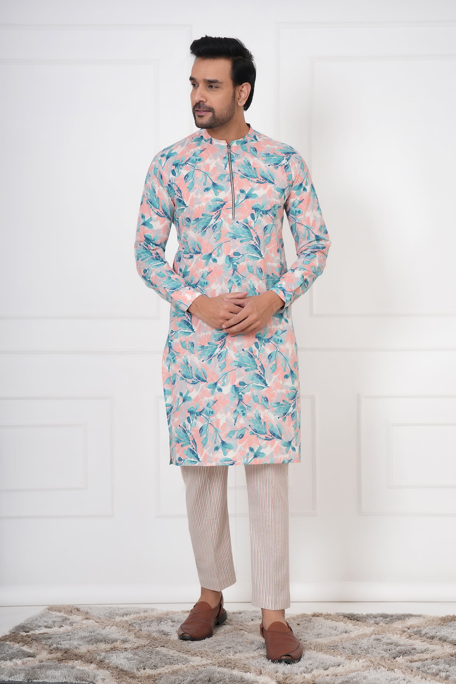 Men's Ethnic Floral Kurta With Zipper Neck