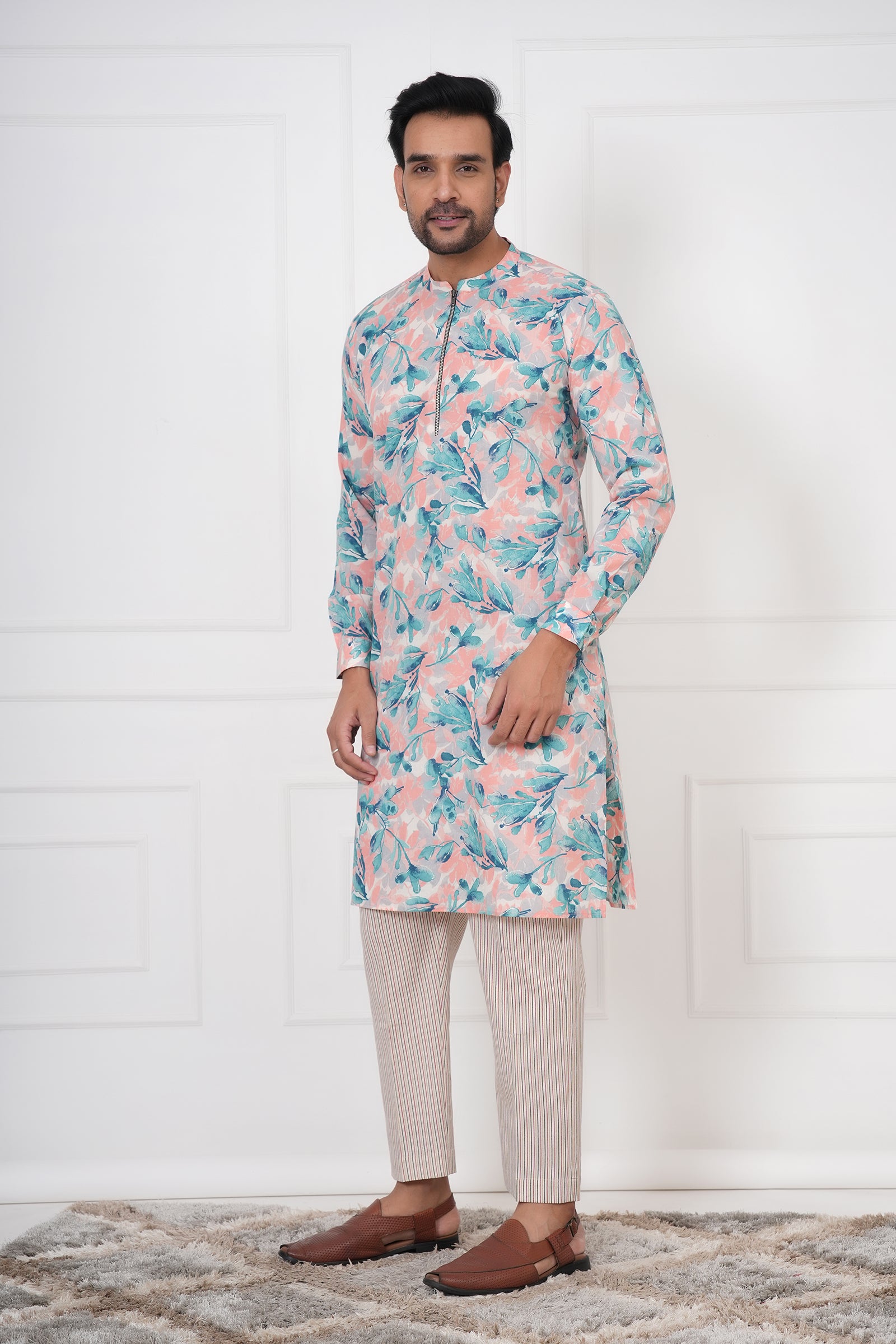 Men's Ethnic Floral Kurta With Zipper Neck