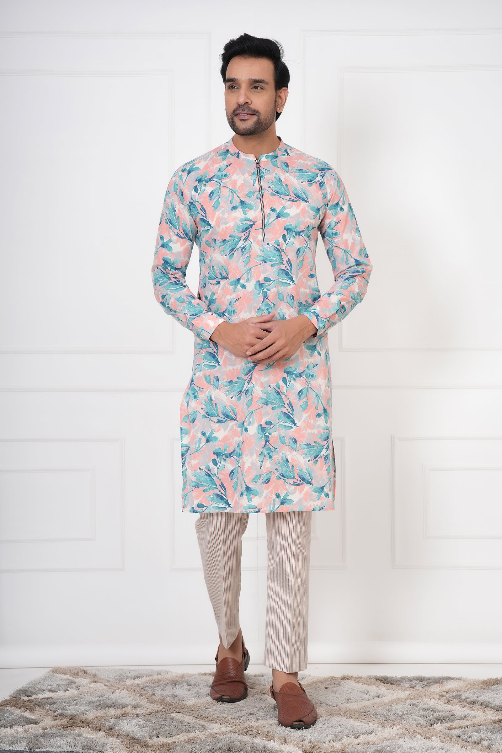 Men's Ethnic Floral Kurta With Zipper Neck