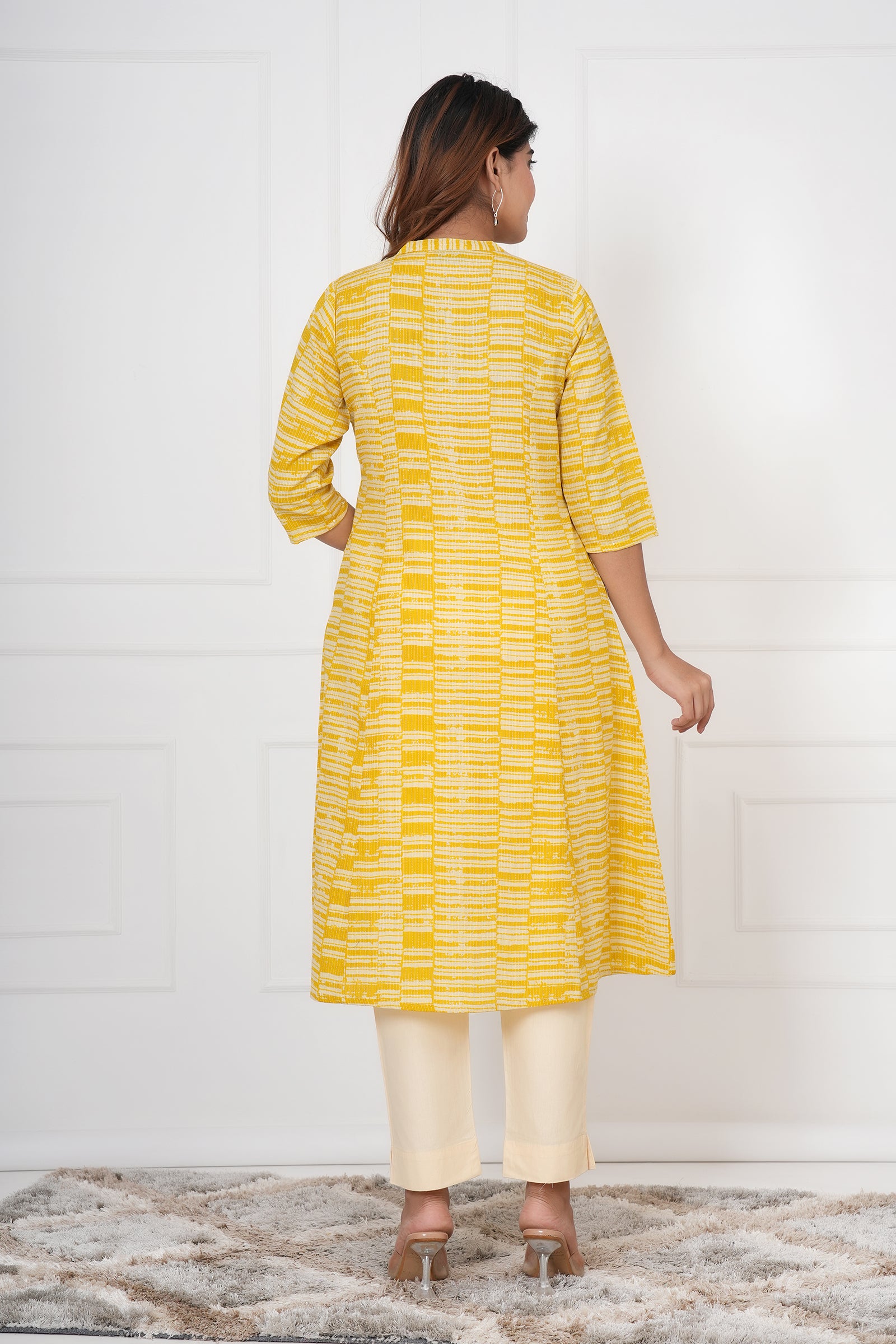 Yellow And White Checkered Ladies Kurti
