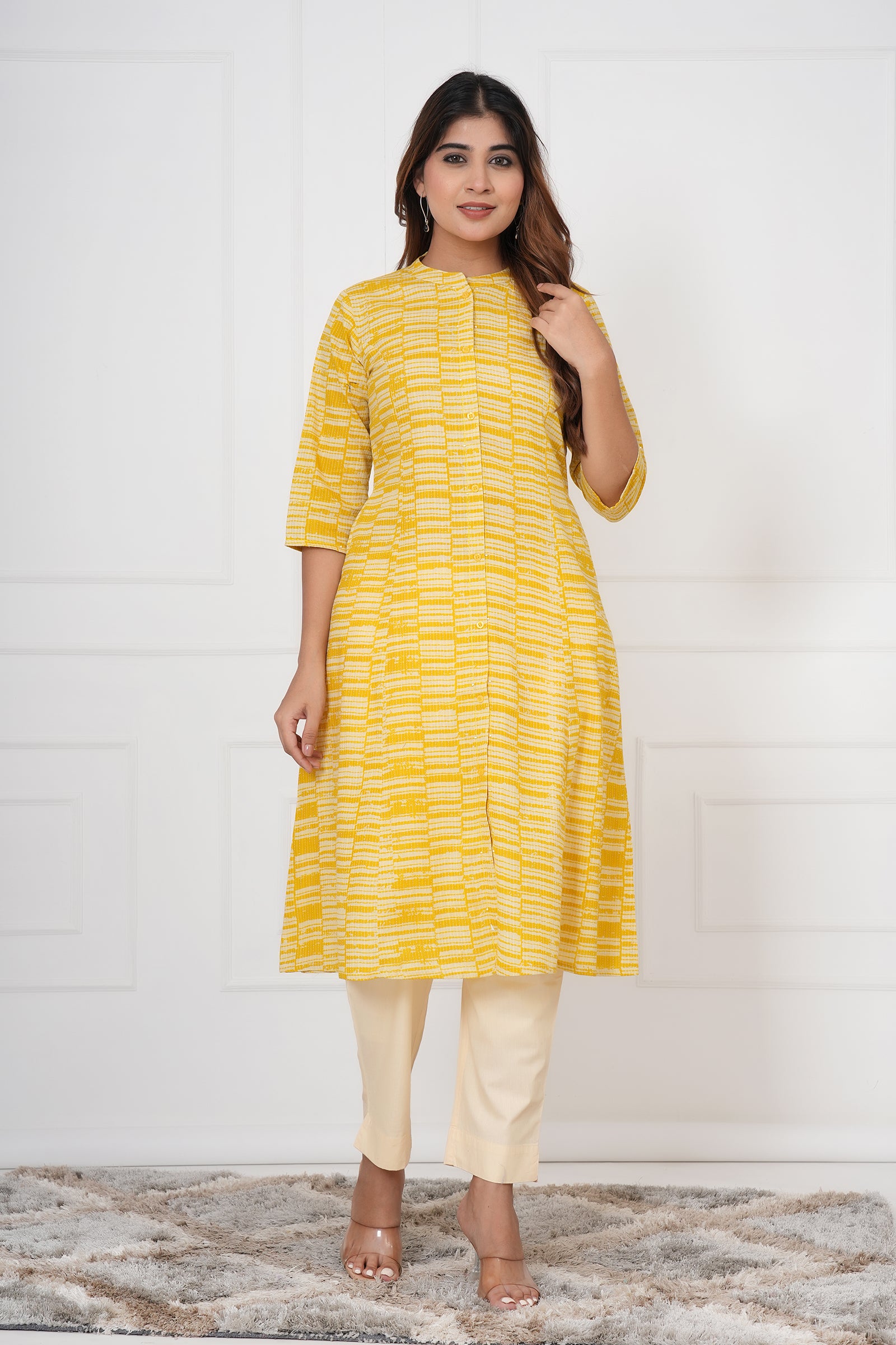 Yellow And White Checkered Ladies Kurti