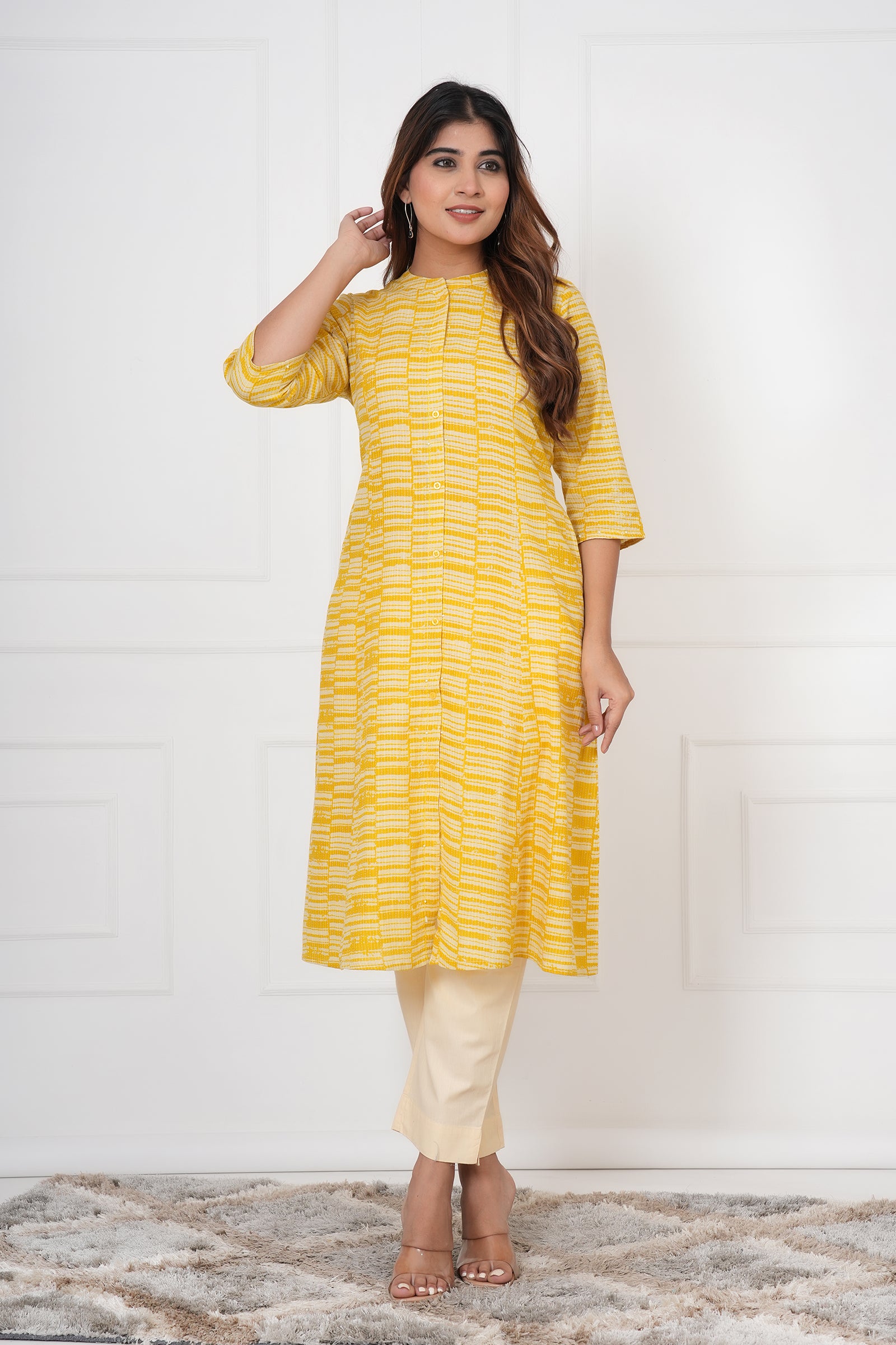 Yellow And White Checkered Ladies Kurti
