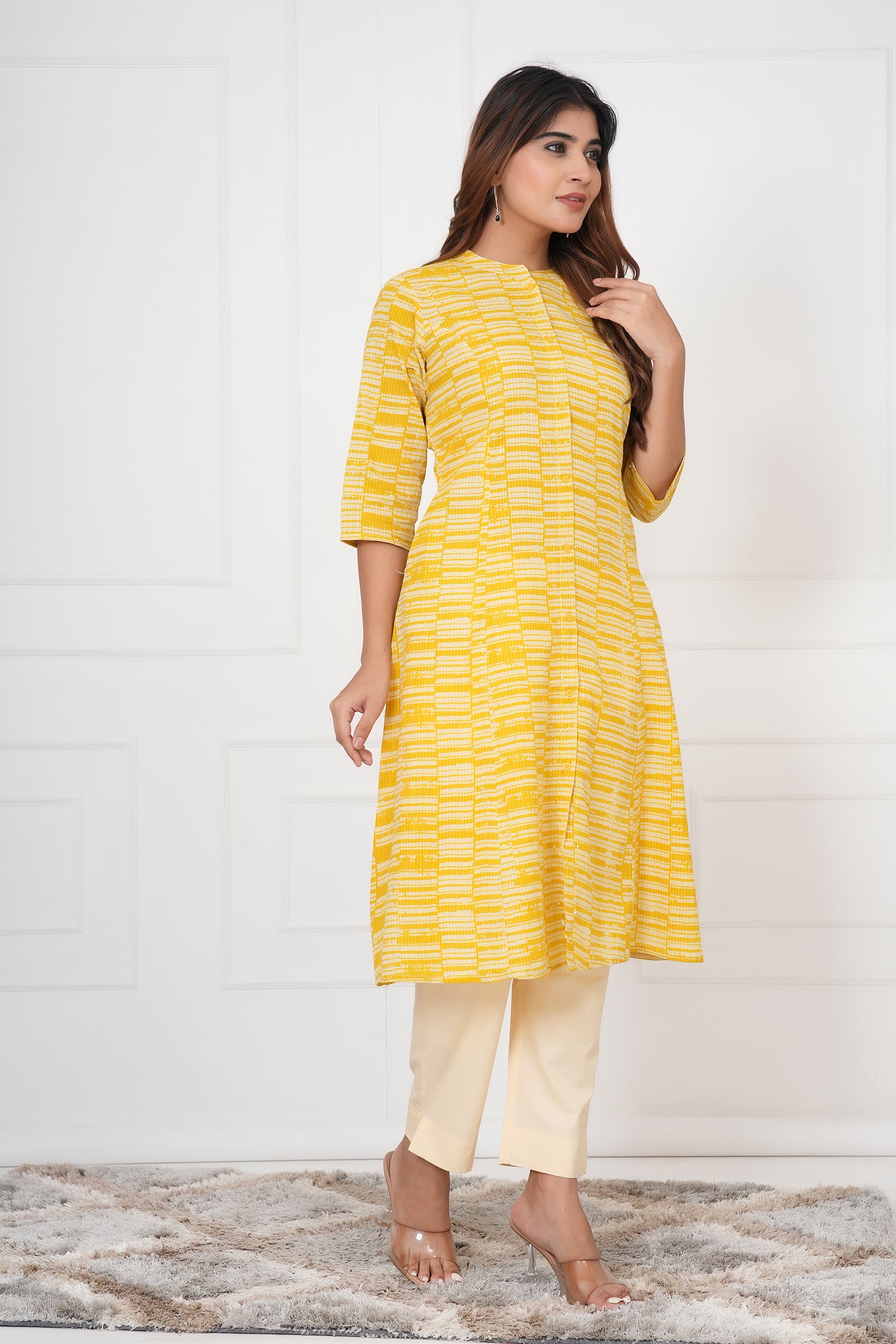 Yellow And White Checkered Ladies Kurti