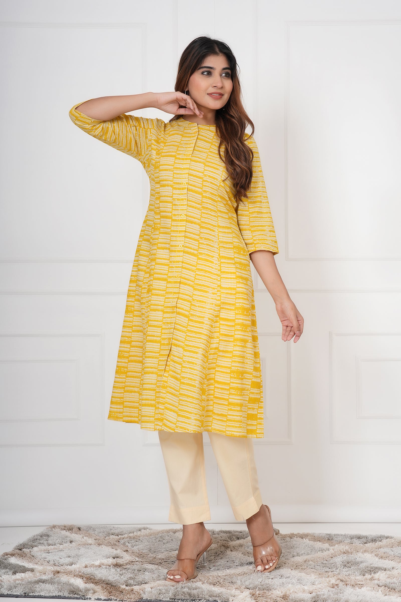 Yellow And White Checkered Ladies Kurti