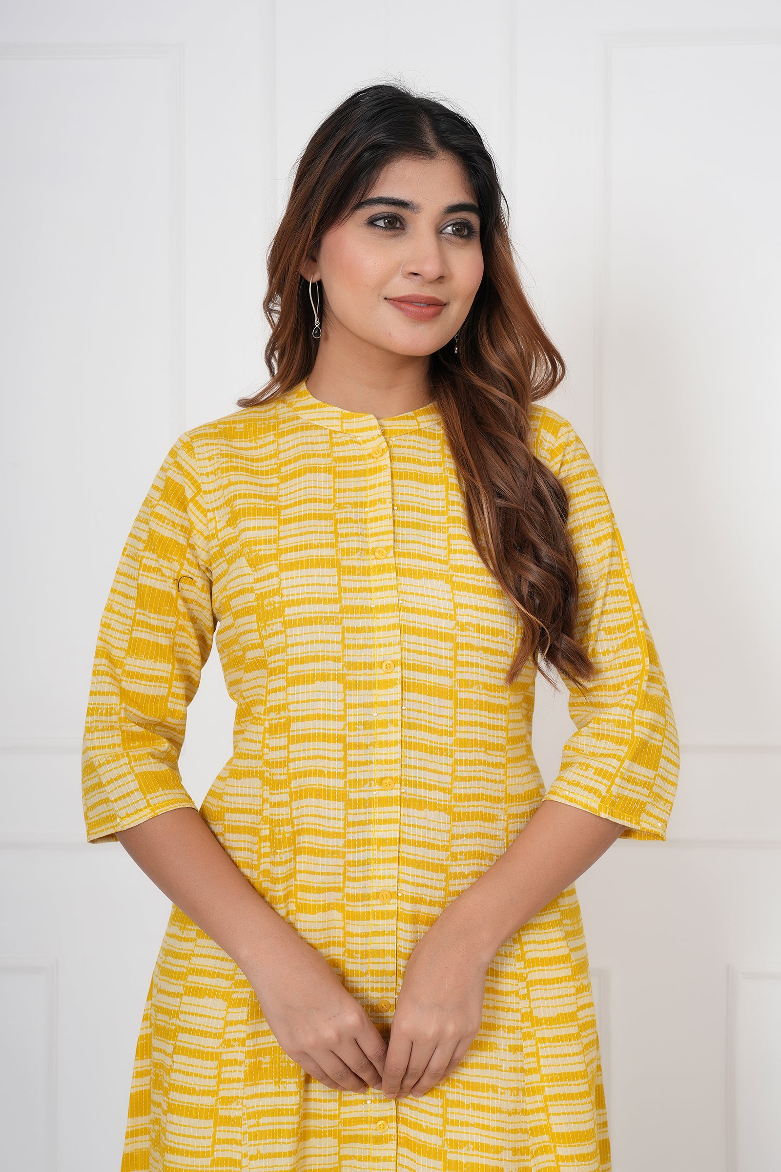 Yellow And White Checkered Ladies Kurti
