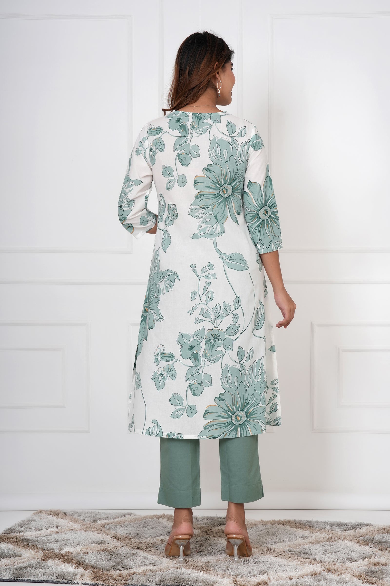 White Kurta With Large Green Toned Flowers