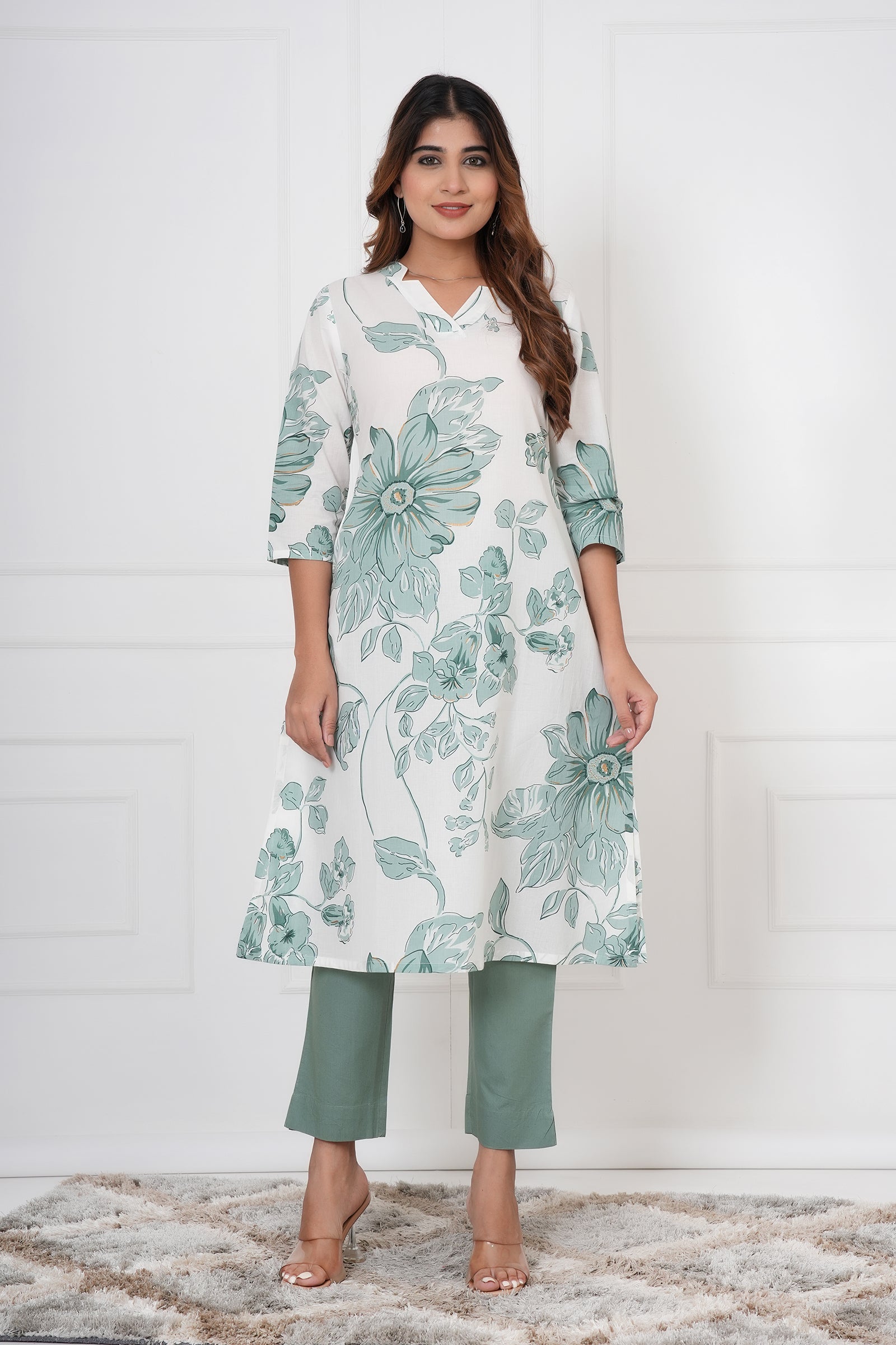 White Kurta With Large Green Toned Flowers