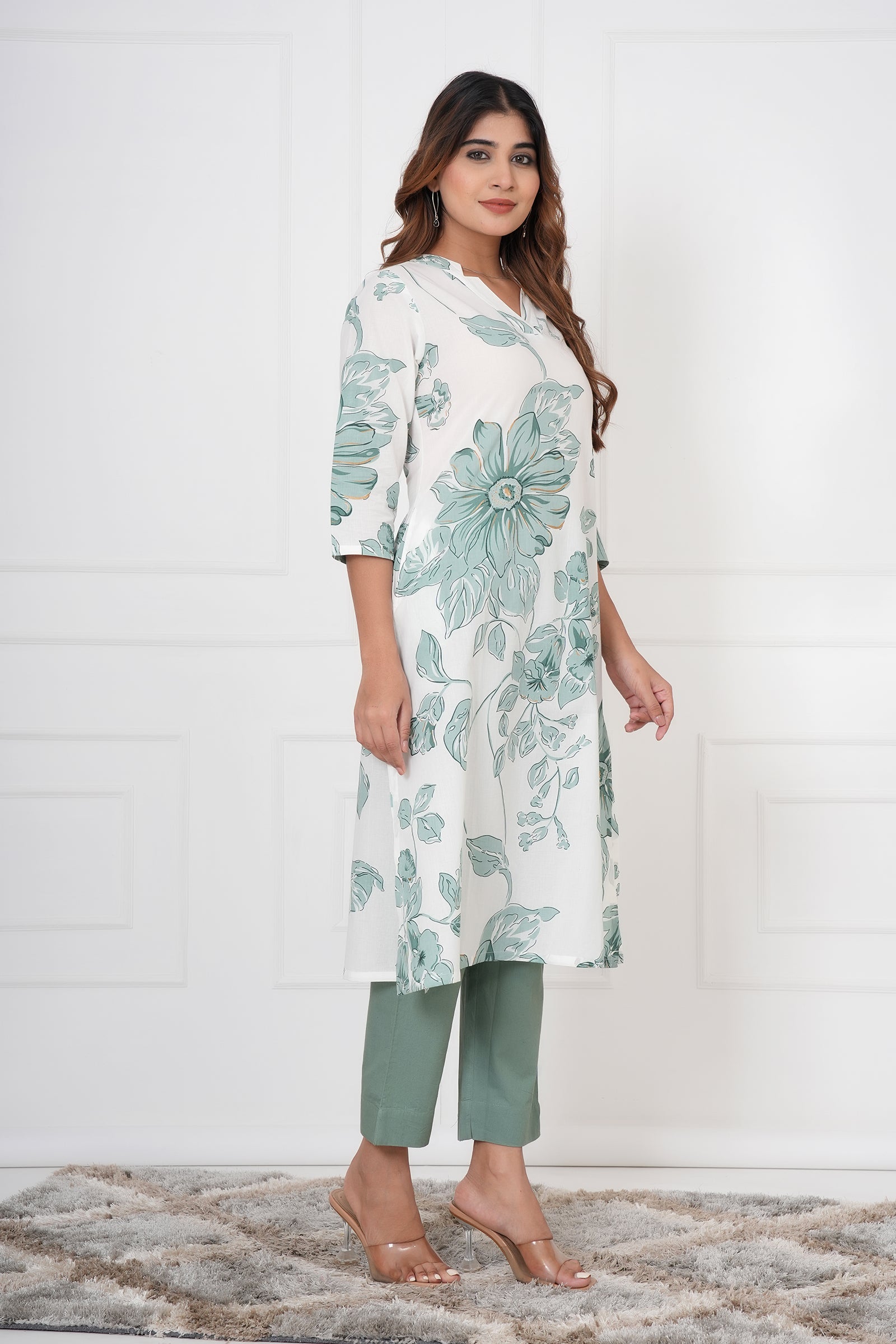 White Kurta With Large Green Toned Flowers