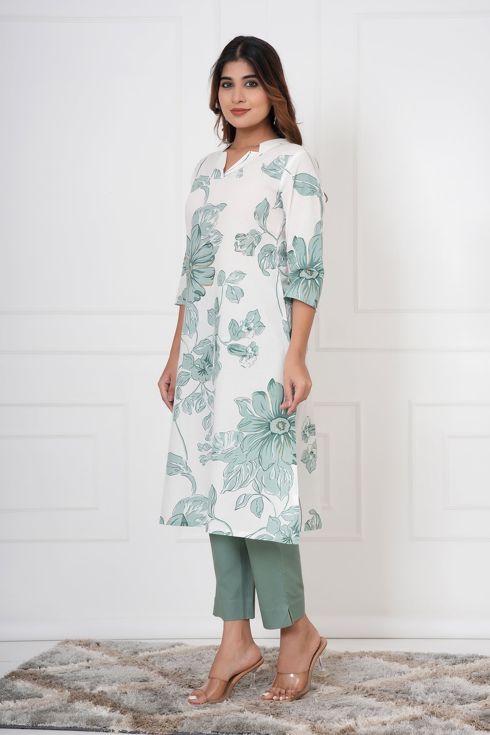 White Kurta With Large Green Toned Flowers