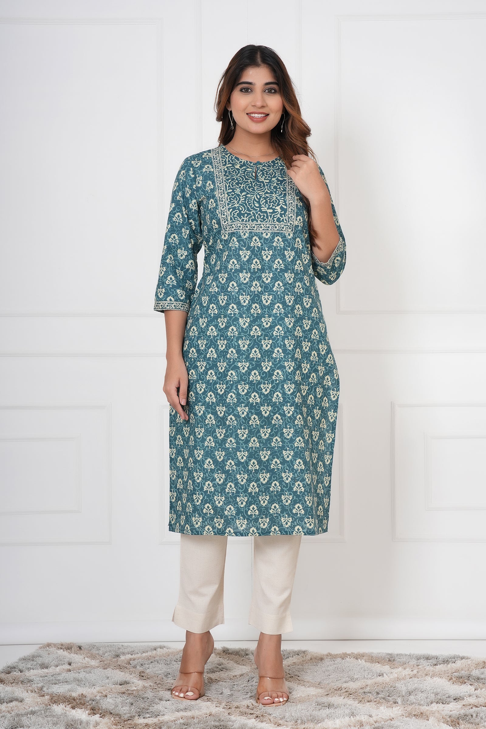 Traditional Bagru Hand Block Printed Kurti (Seaweed, Floral)