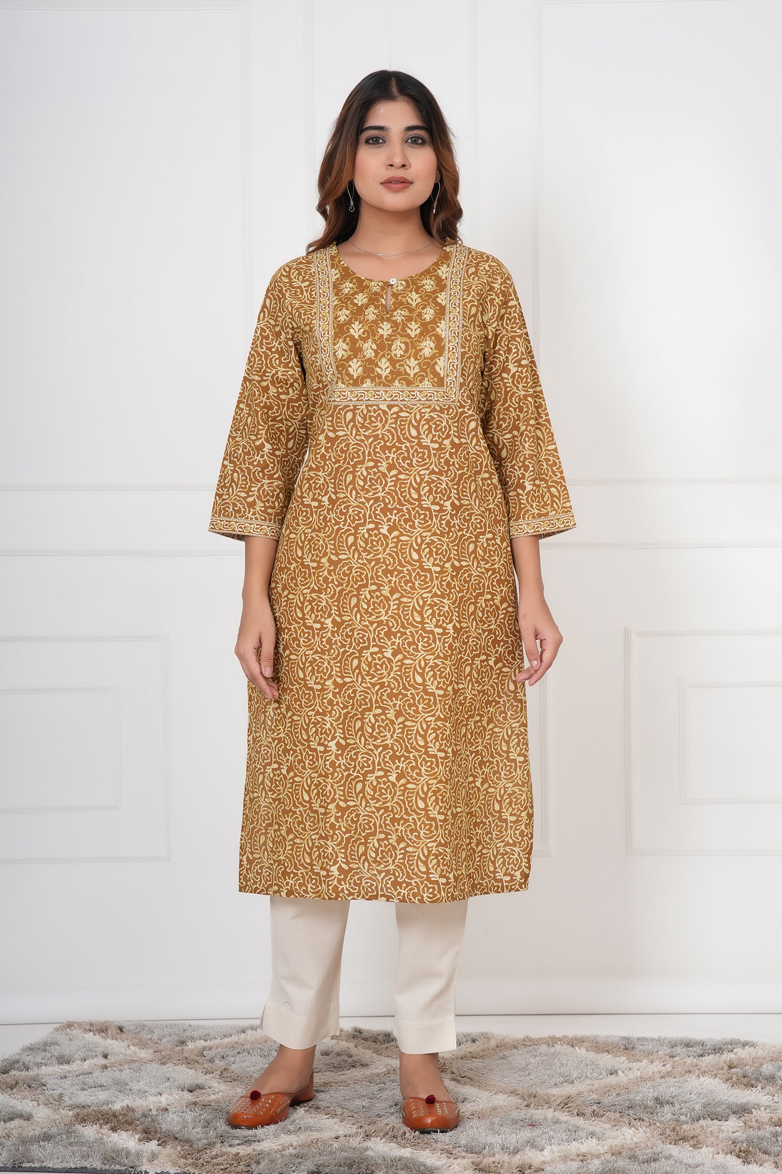 Traditional Bagru Hand Block Printed Kurti (Yellow, Geometry)