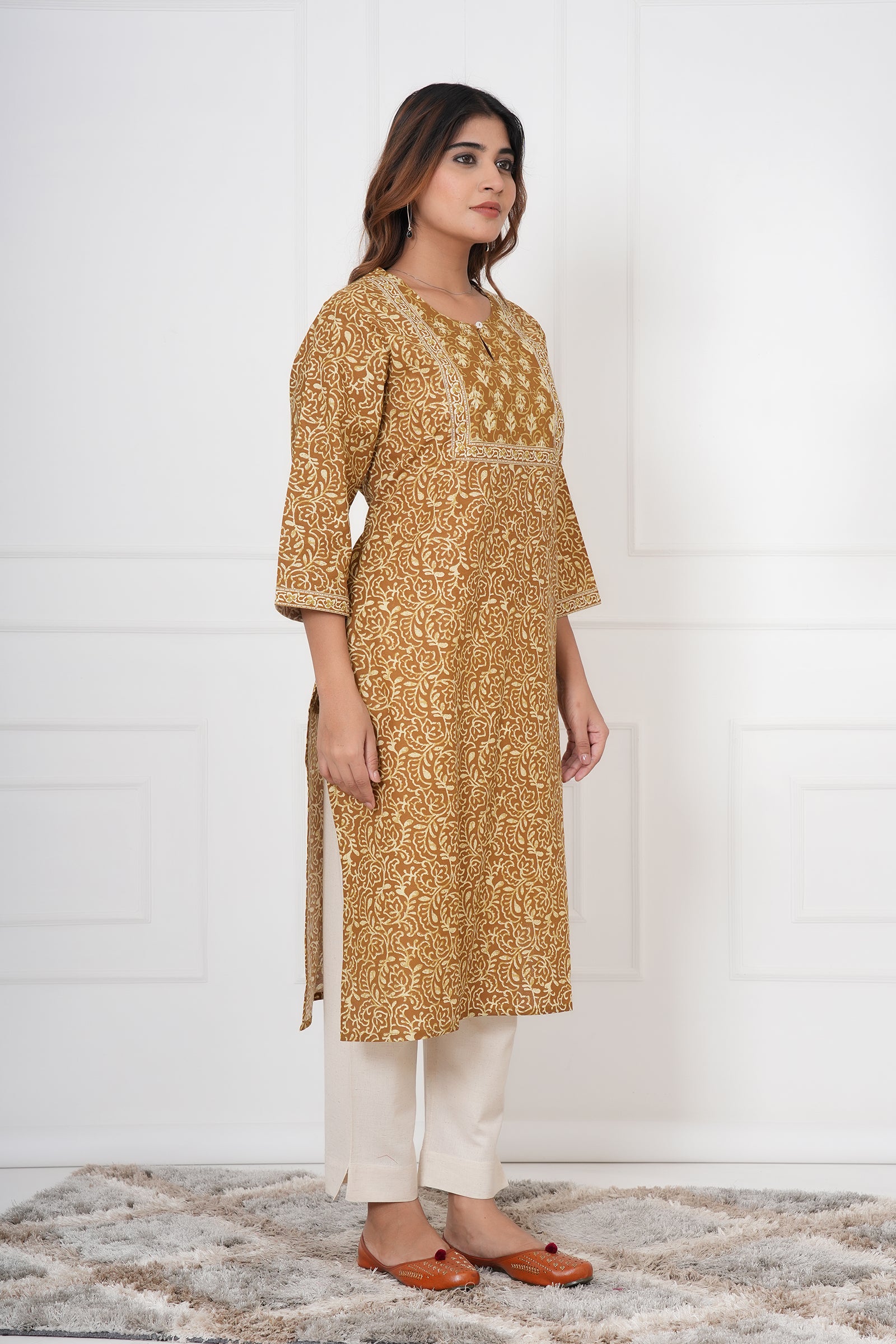 Traditional Bagru Hand Block Printed Kurti (Yellow, Geometry)