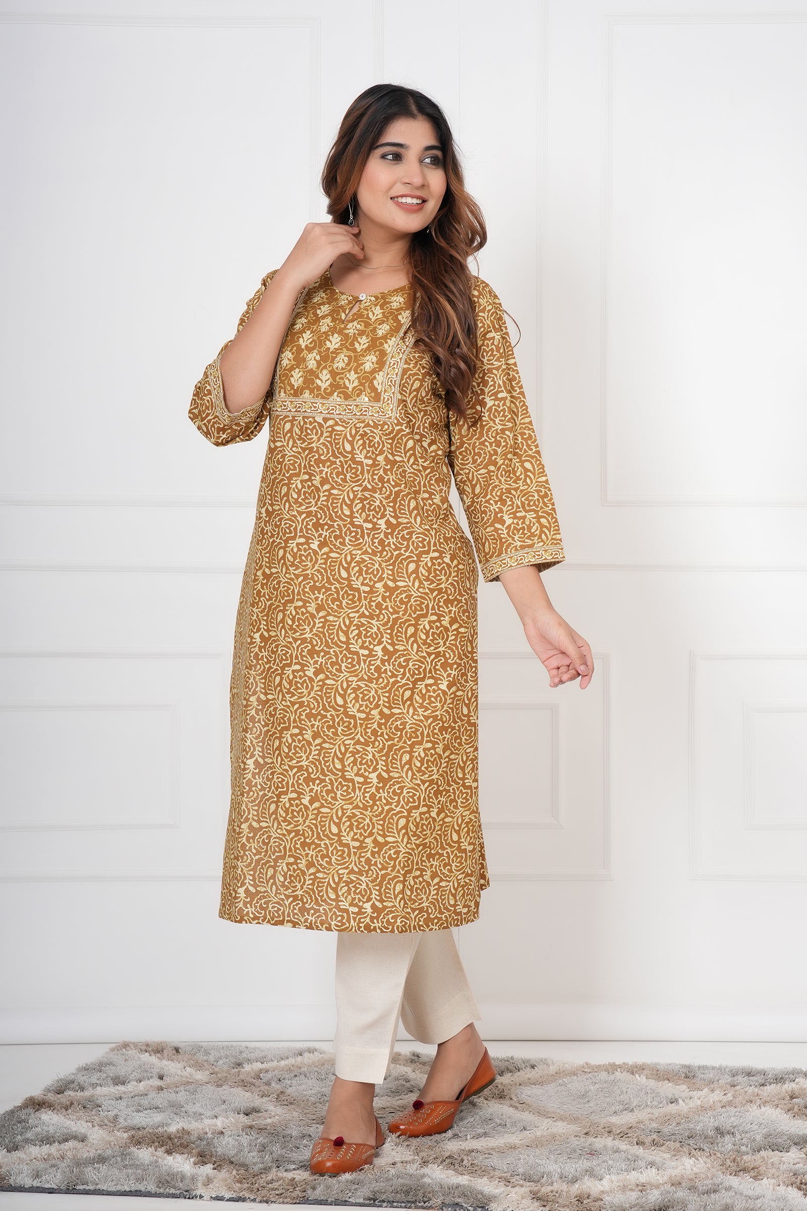 Traditional Bagru Hand Block Printed Kurti (Yellow, Geometry)