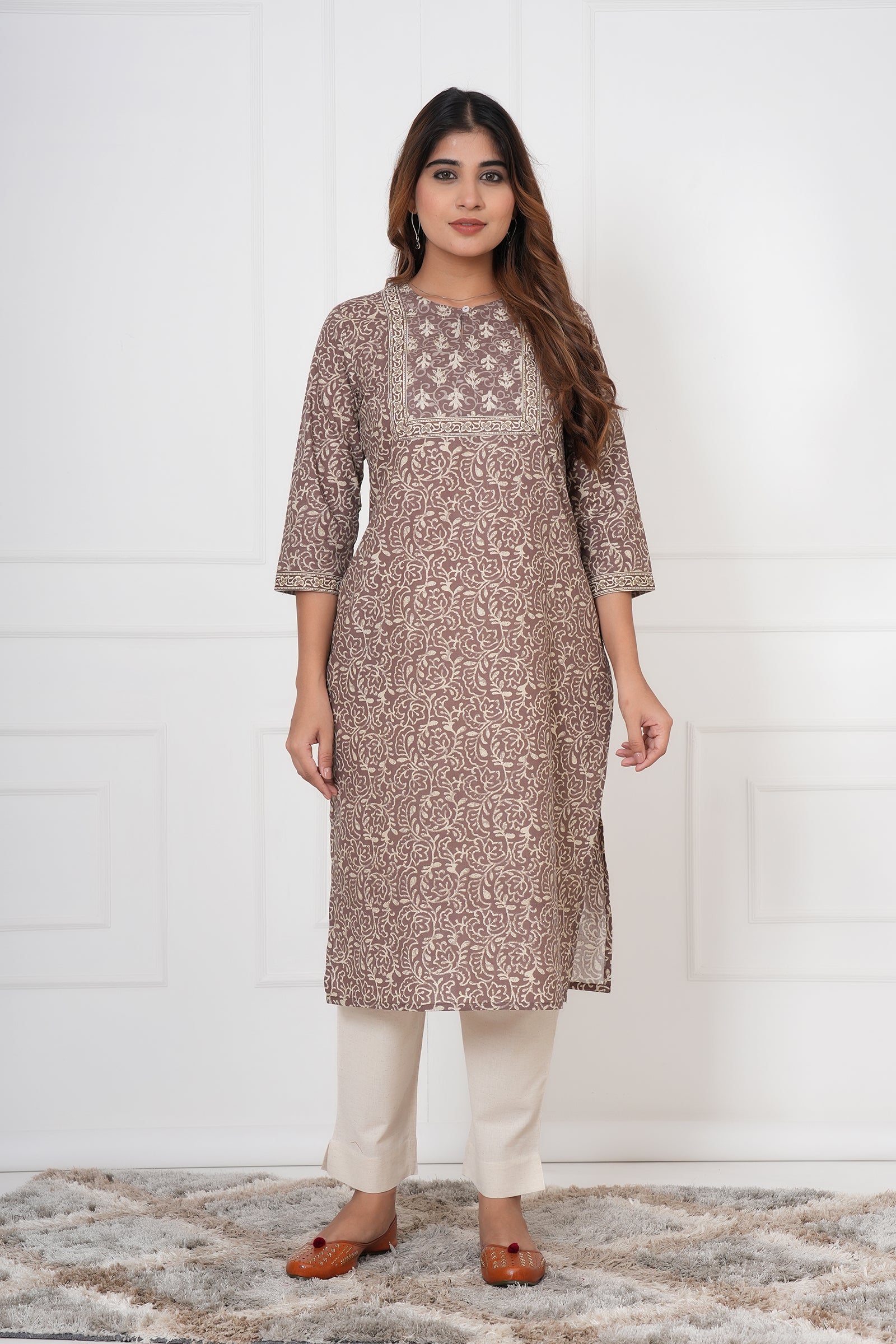Traditional Bagru Hand Block Printed Kurti (Brown, Geometry)