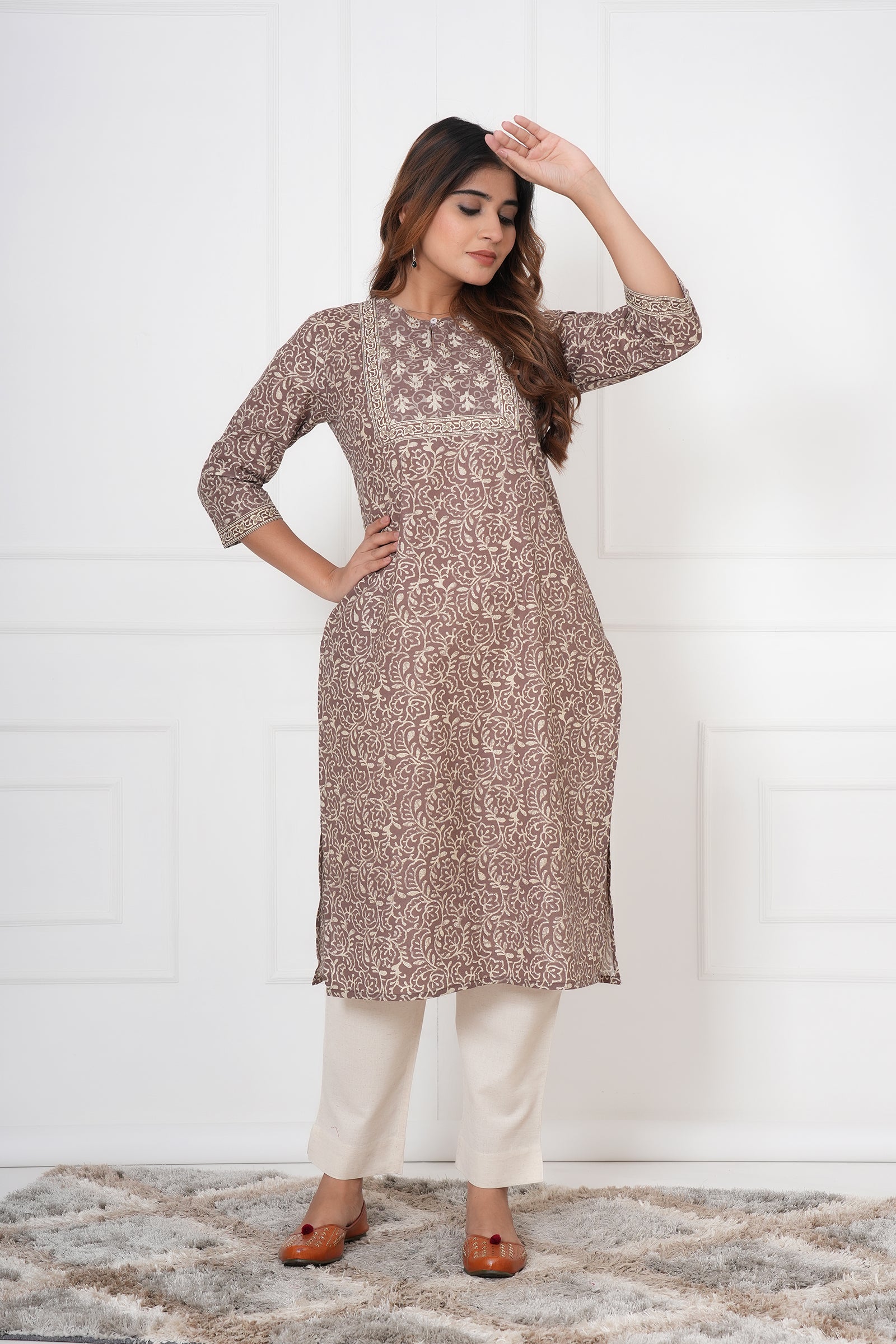 Traditional Bagru Hand Block Printed Kurti (Brown, Geometry)