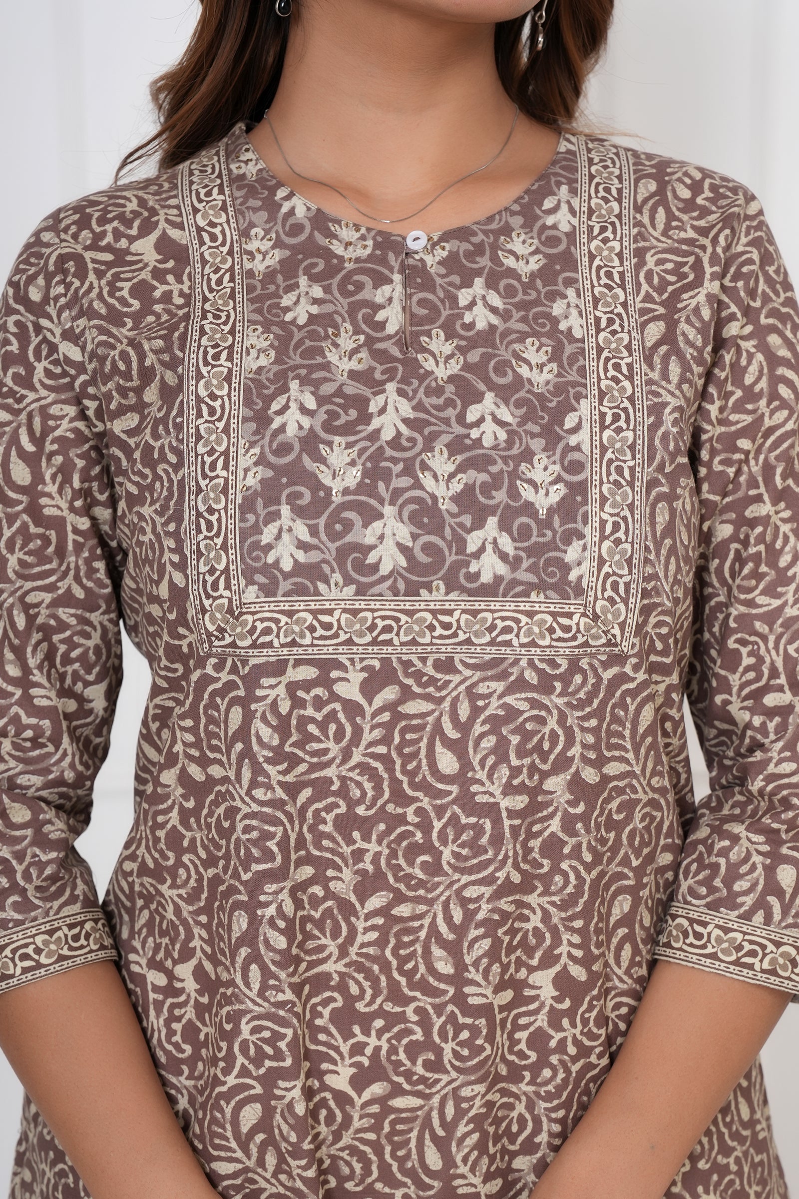 Traditional Bagru Hand Block Printed Kurti (Brown, Geometry)