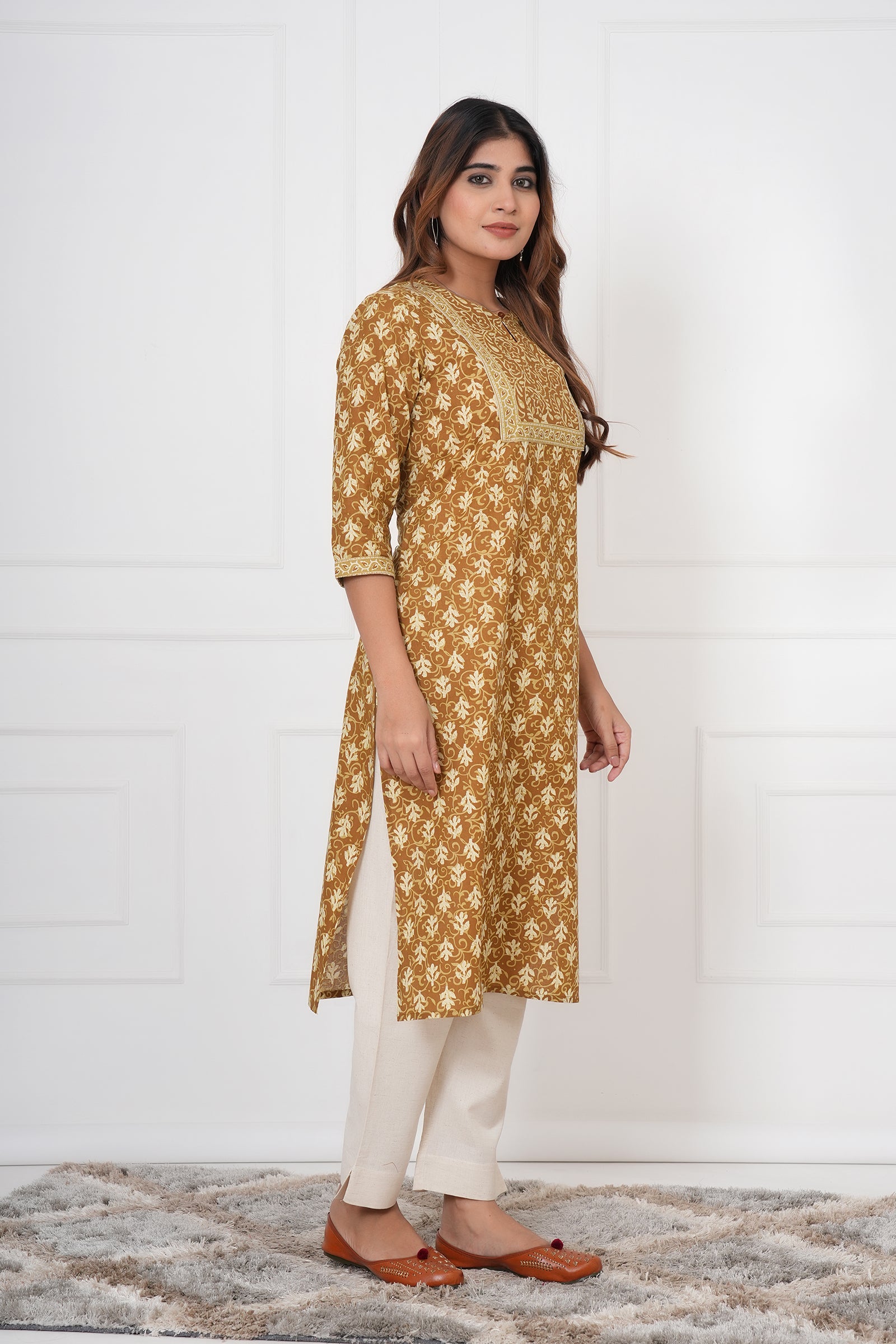 Traditional Bagru Hand Block Printed Kurti (Yellow, Floral)