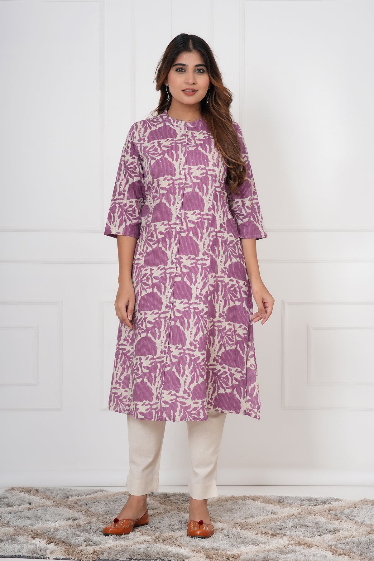 Floral Themed Kantha Stitch Traditional Flower Printed Kurti for Women - Purple