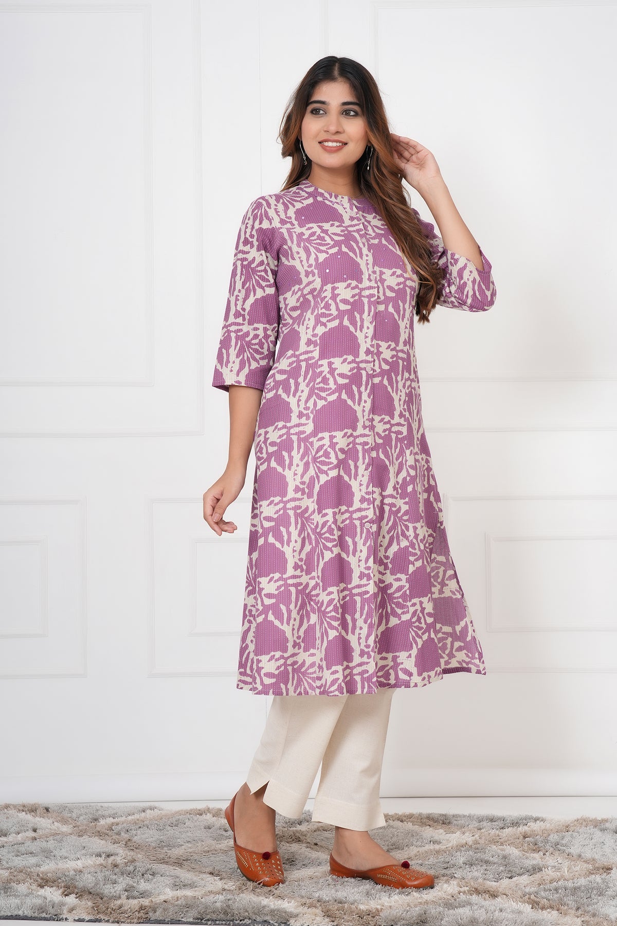 Floral Themed Kantha Stitch Traditional Flower Printed Kurti for Women - Purple