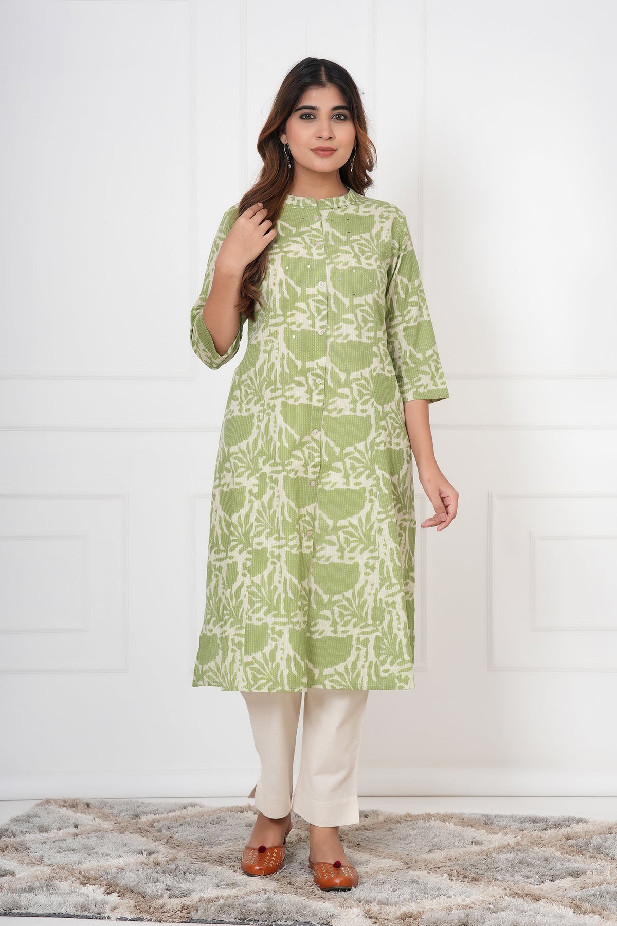Floral Themed Kantha Stitch Traditional Flower Printed Kurti for Women - Light Green