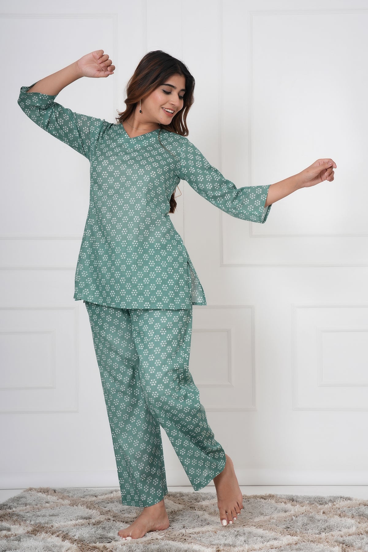 Dot Block Printed V-Neck Night Suit Set with Top & Pajama Pants - Sage Green